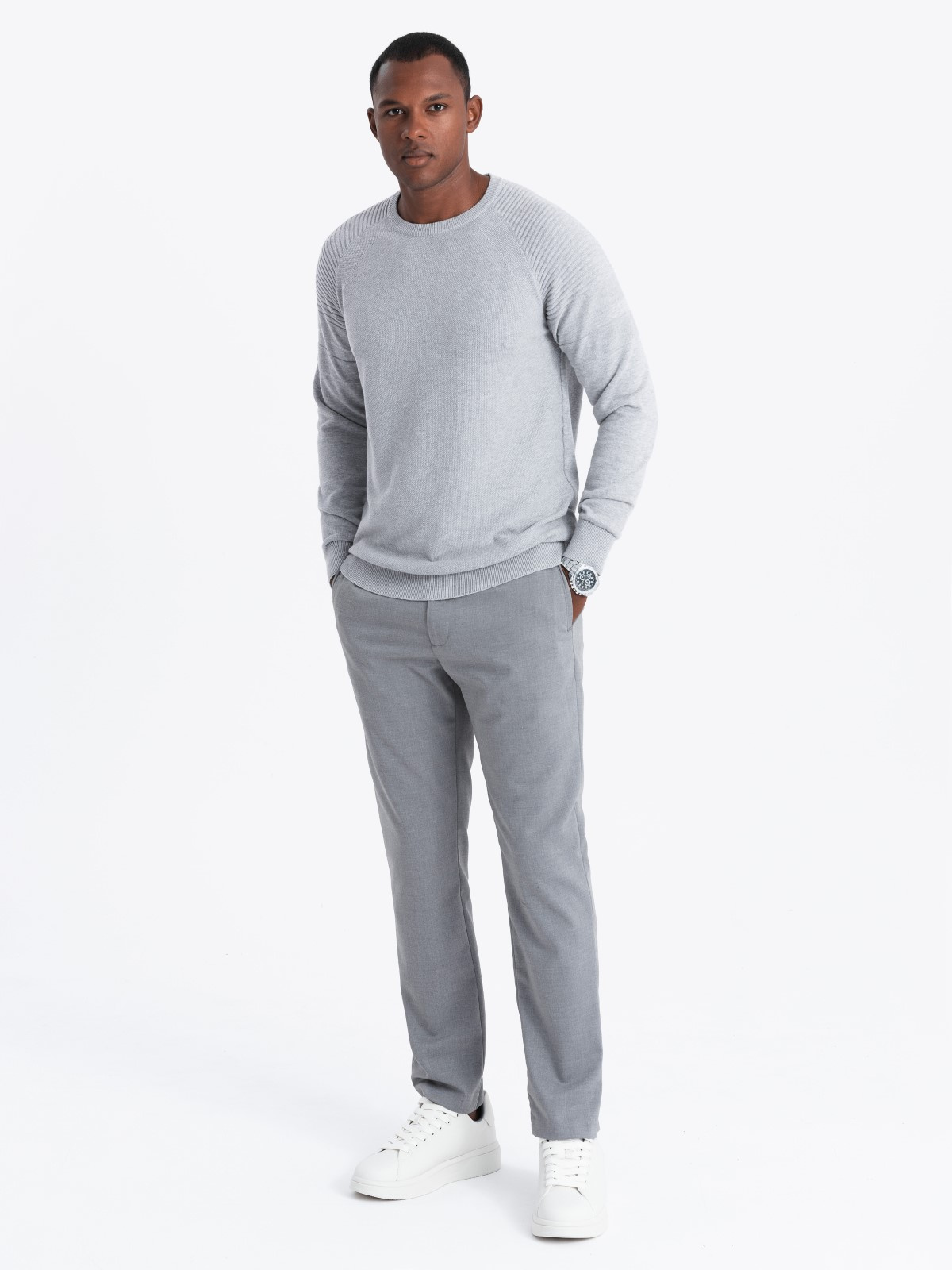 Ombre Men&#039;s raglan sweater with ribbed sleeves - grey melange