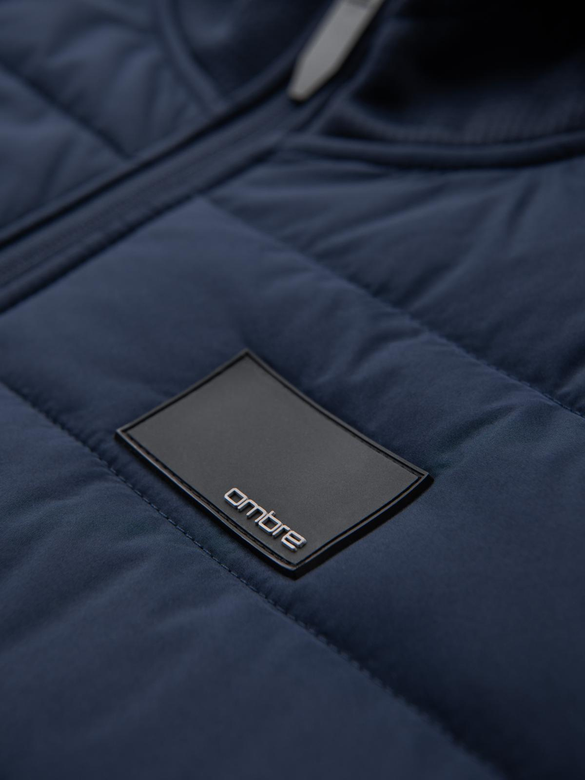 Ombre Men's lightweight jacket of combined materials with hood and decorative quilting - navy blue