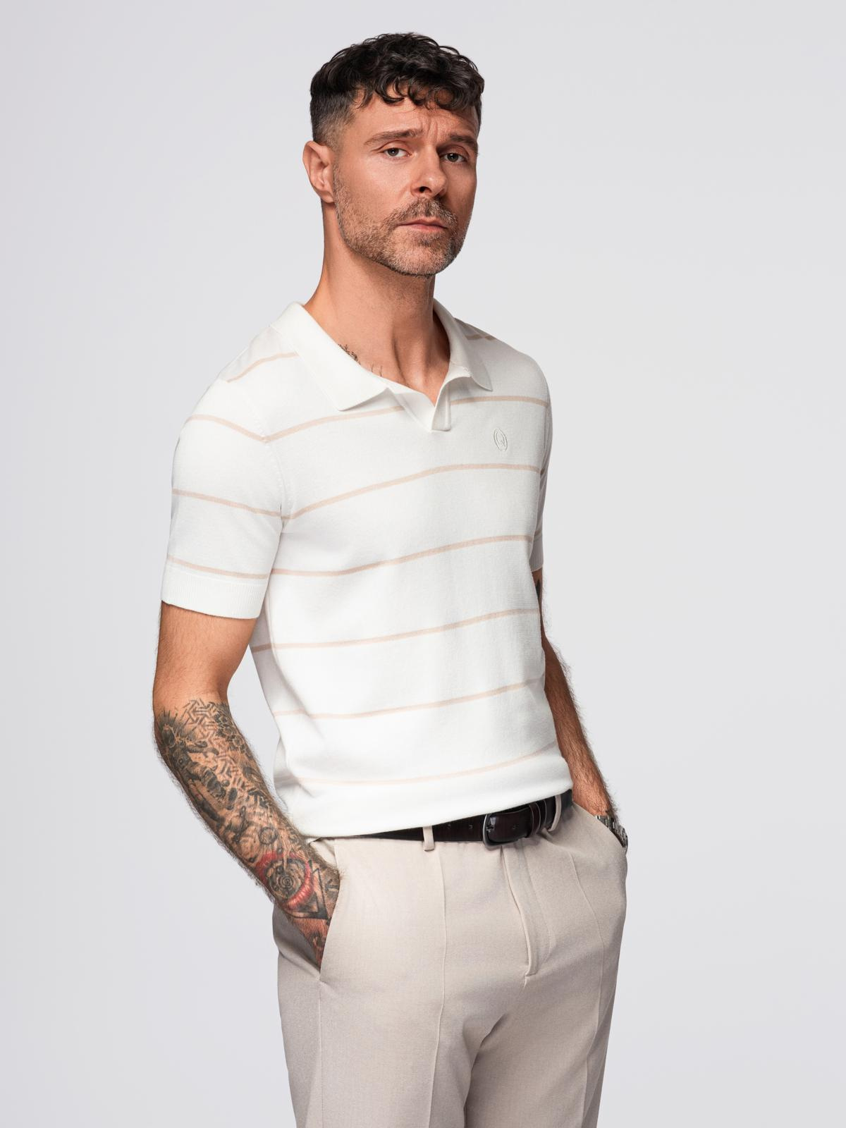 Ombre Men's horizontal striped viscose polo shirt - white and beige