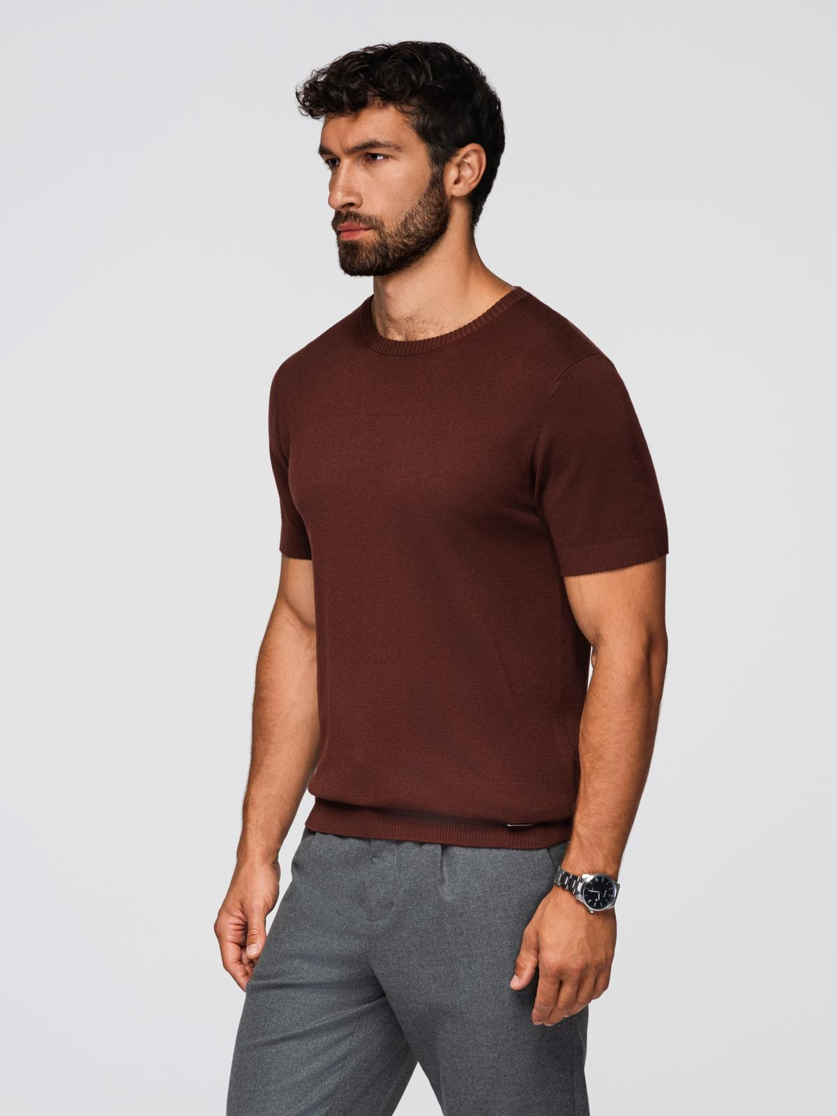 Ombre Men's classic knitted shirt with ribbed cuffs - warm brown