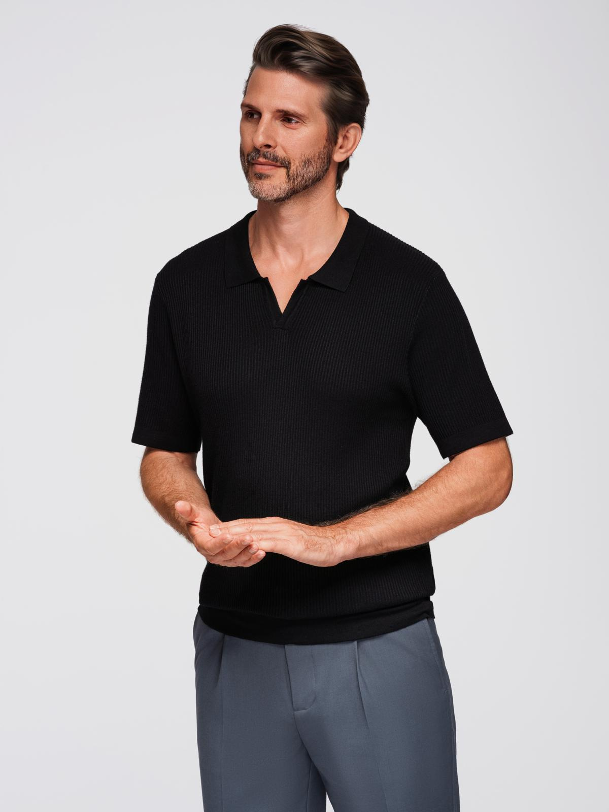 Ombre Men's buttonless polo shirt with open collar - black