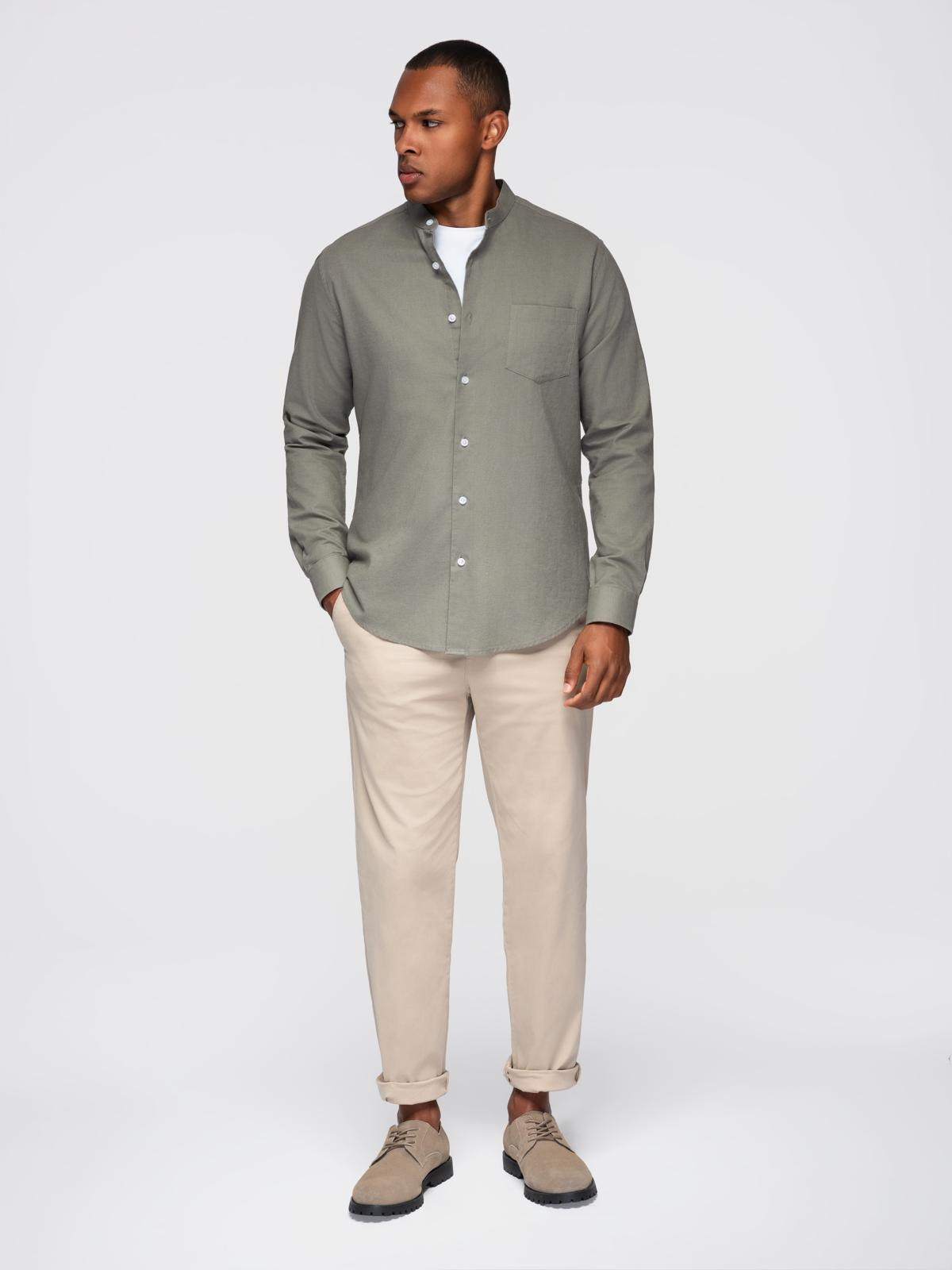Ombre Men's linen shirt with stand-up collar and pocket REGULAR FIT - khaki
