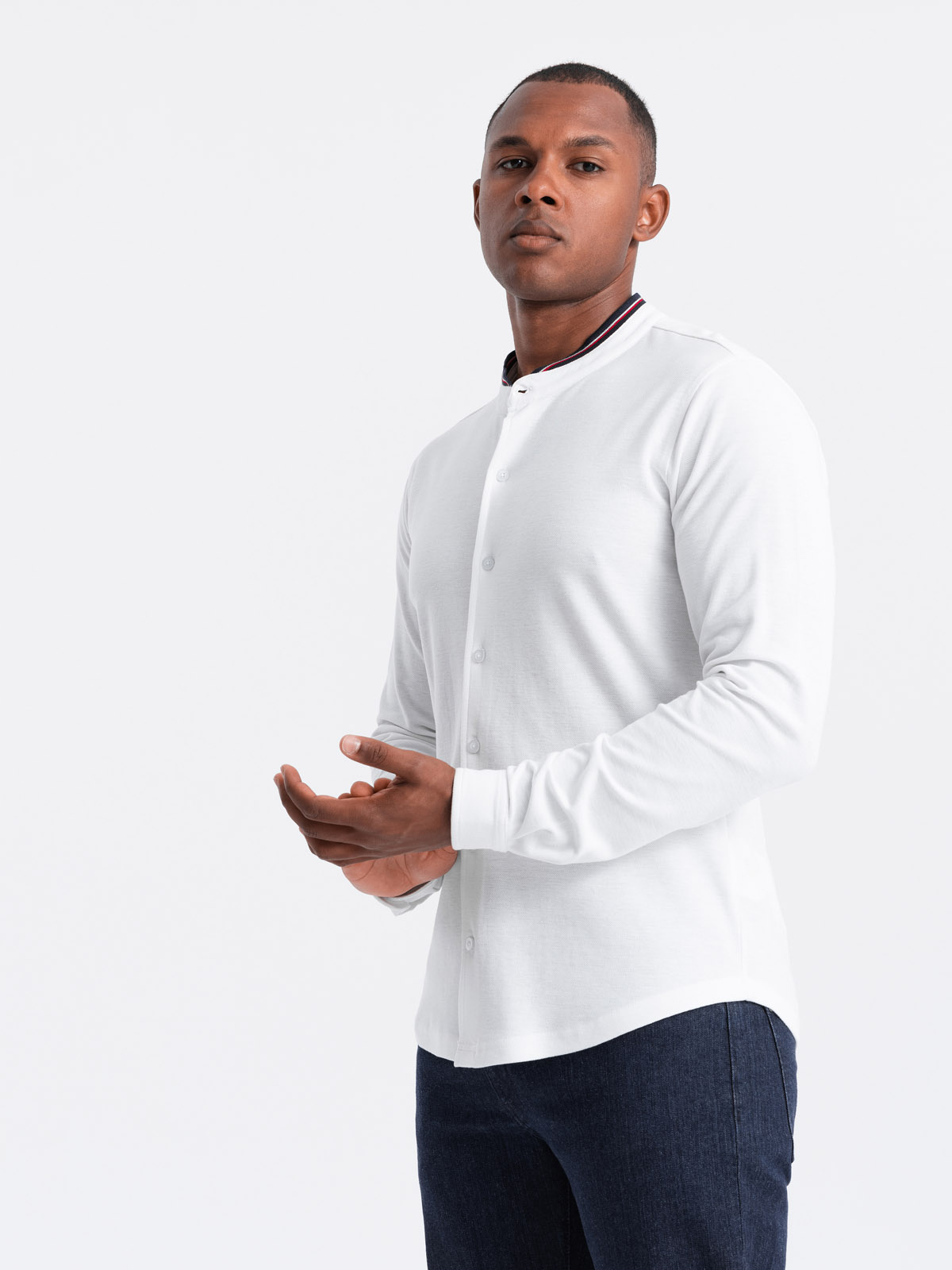 Ombre Men's SLIM FIT cotton shirt with stand-up collared colored stripes - white