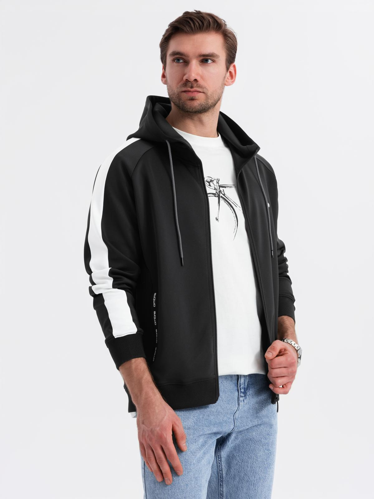 Ombre Men's unbuttoned hooded sweatshirt with piping - black