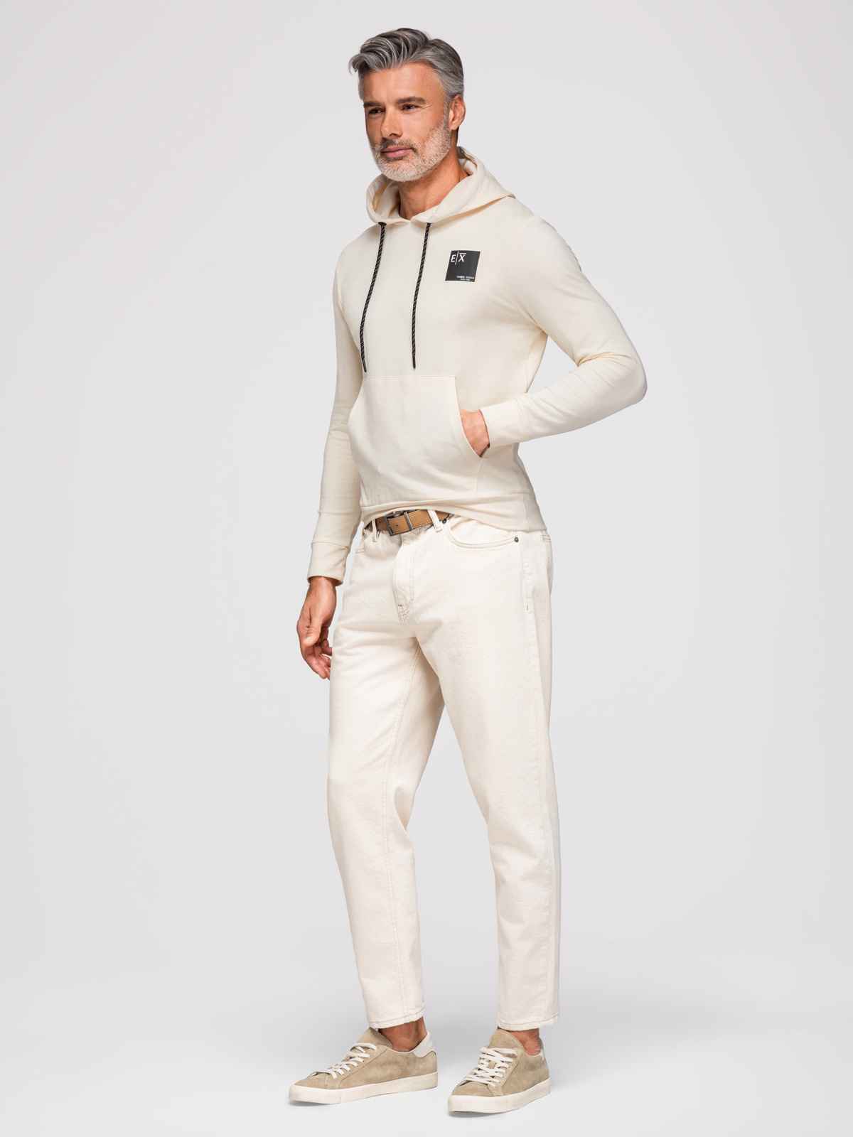 Ombre Men's kangaroo sweatshirt with hood and logo - cream
