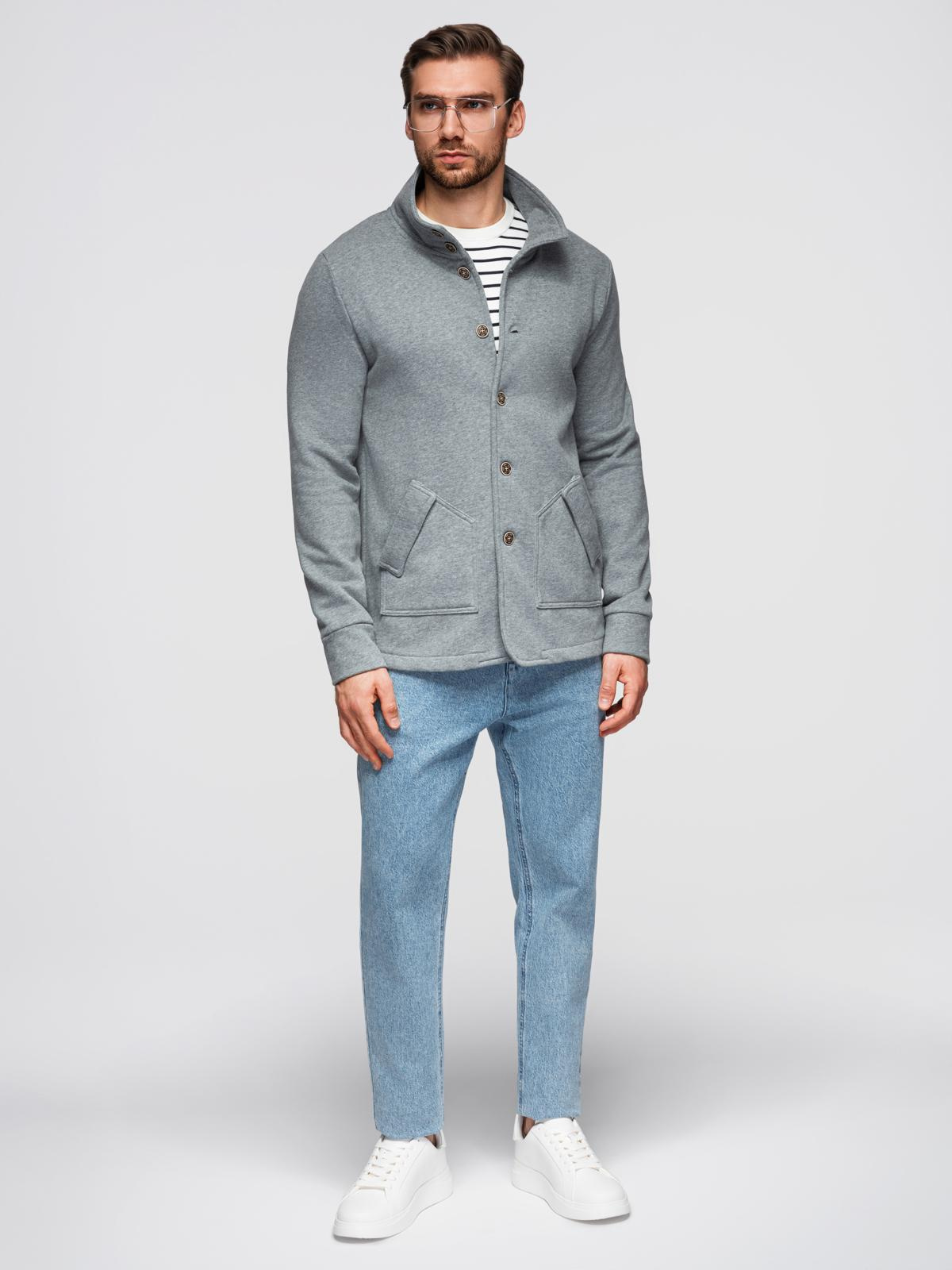 Ombre Men's button-down sweatshirt with stand-up collar - grey melange