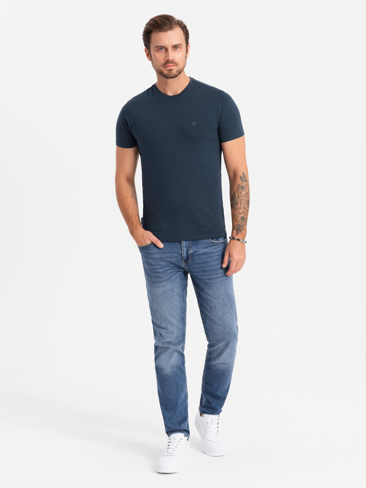 Ombre Men's SLIM FIT T-shirt with round neckline and logo - navy blue