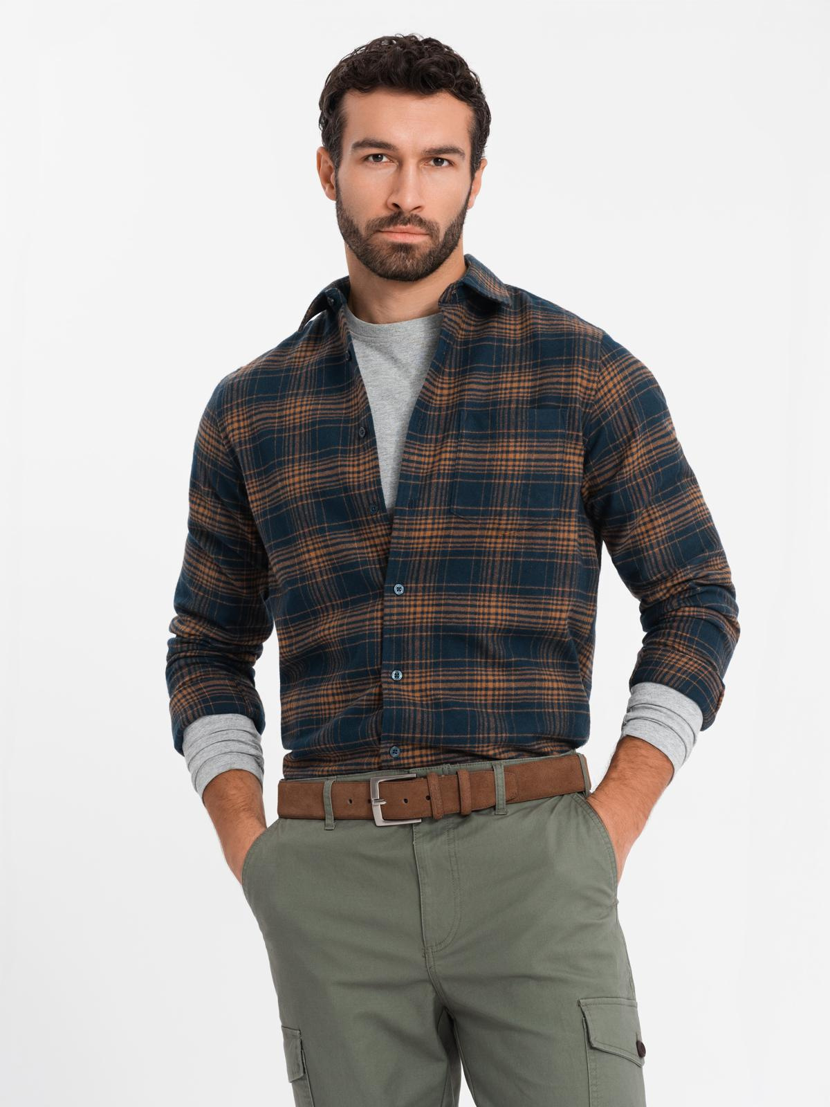 Ombre Men's checkered flannel shirt - navy blue and orange