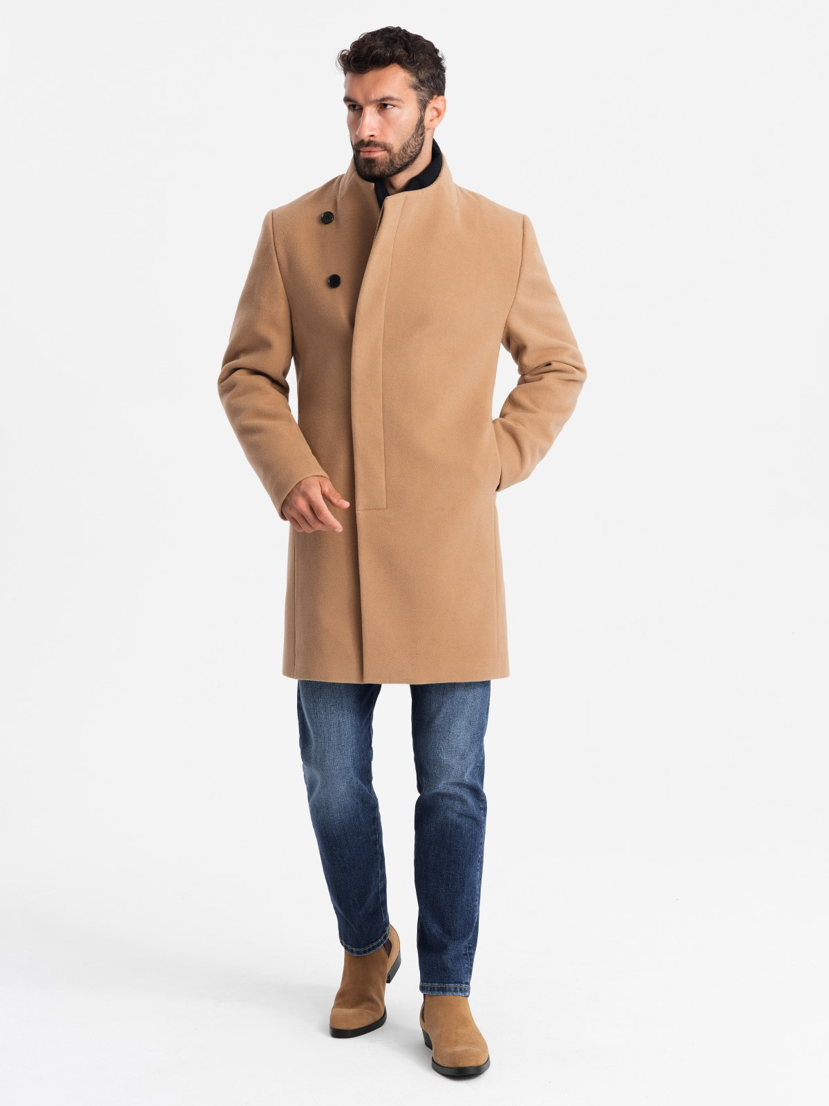 Ombre Men's coat with asymmetrical fastening and high collar - light brown