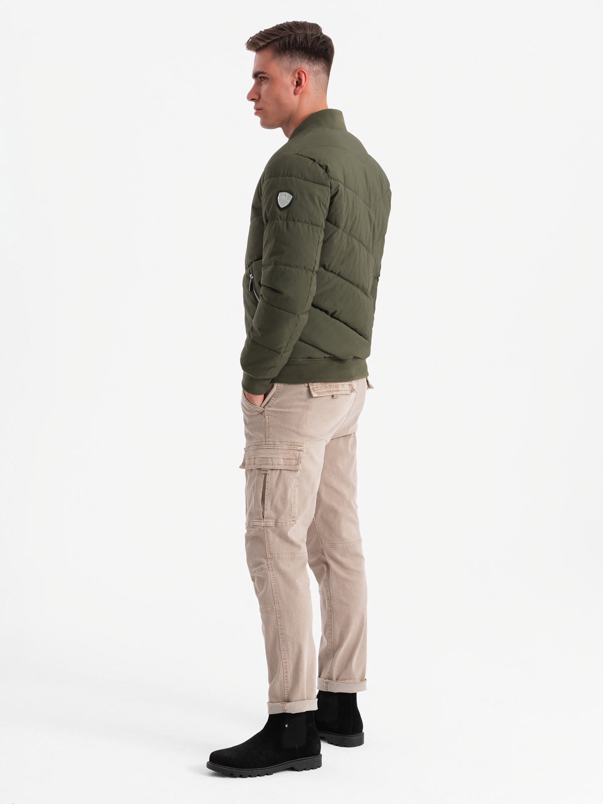 Ombre Men's quilted bomber jacket with metal zippers - dark olive green