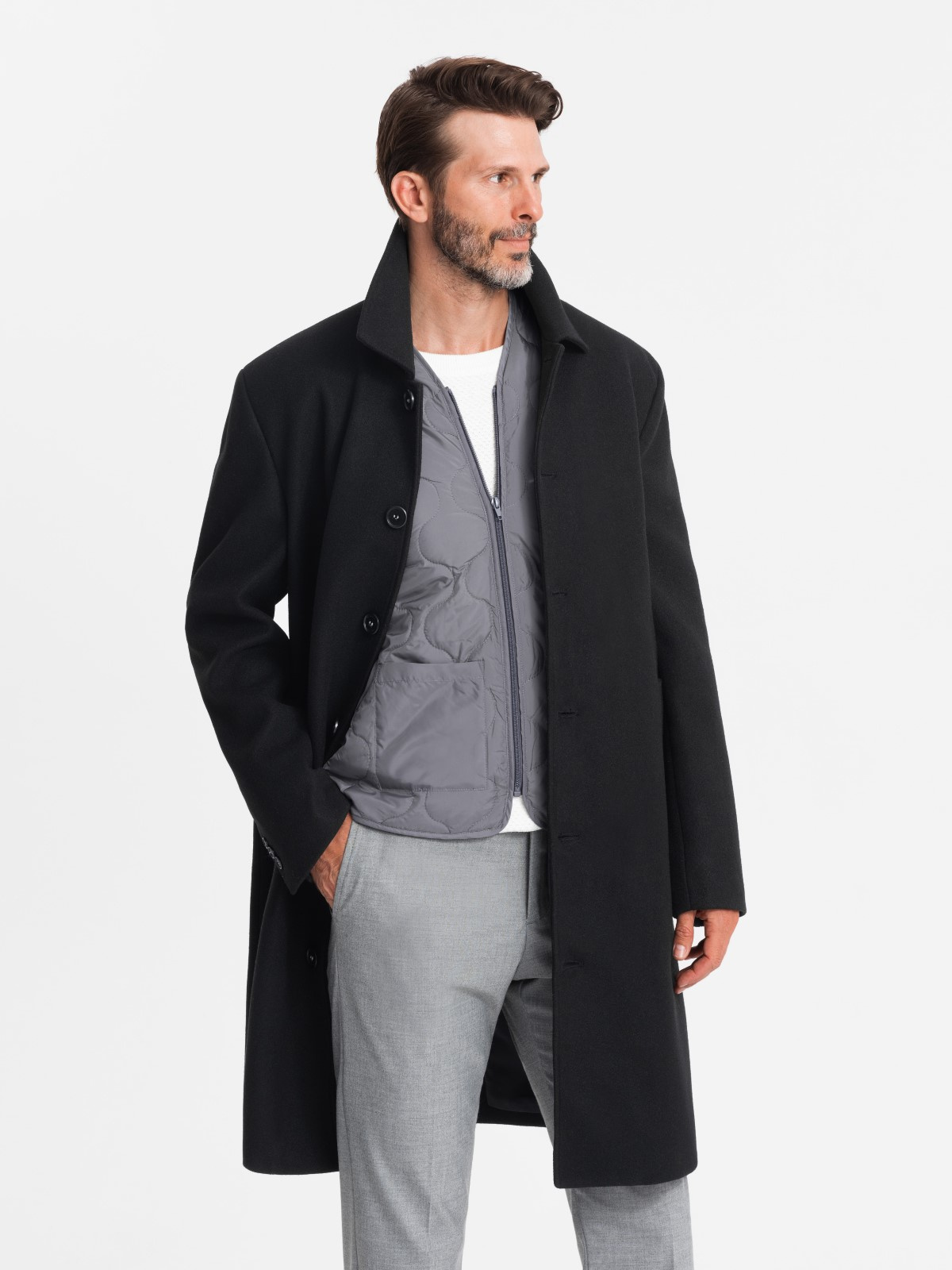 Ombre Men&#039;s long single-breasted coat with collar and undercoat - black