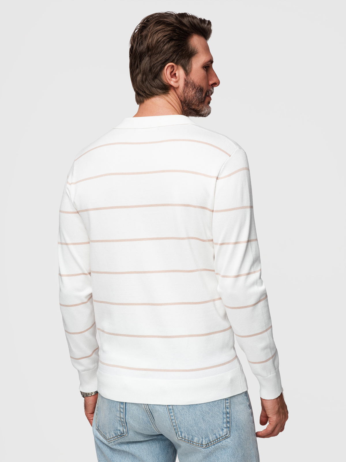 Ombre Men's horizontal striped polo longsleeve with viscose - white and beige