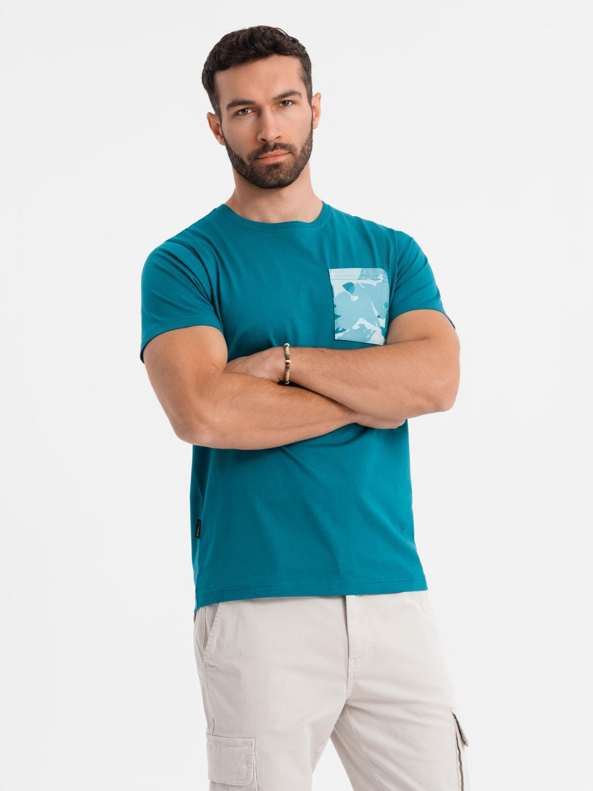 Ombre Men's cotton t-shirt with printed pocket - turquoise