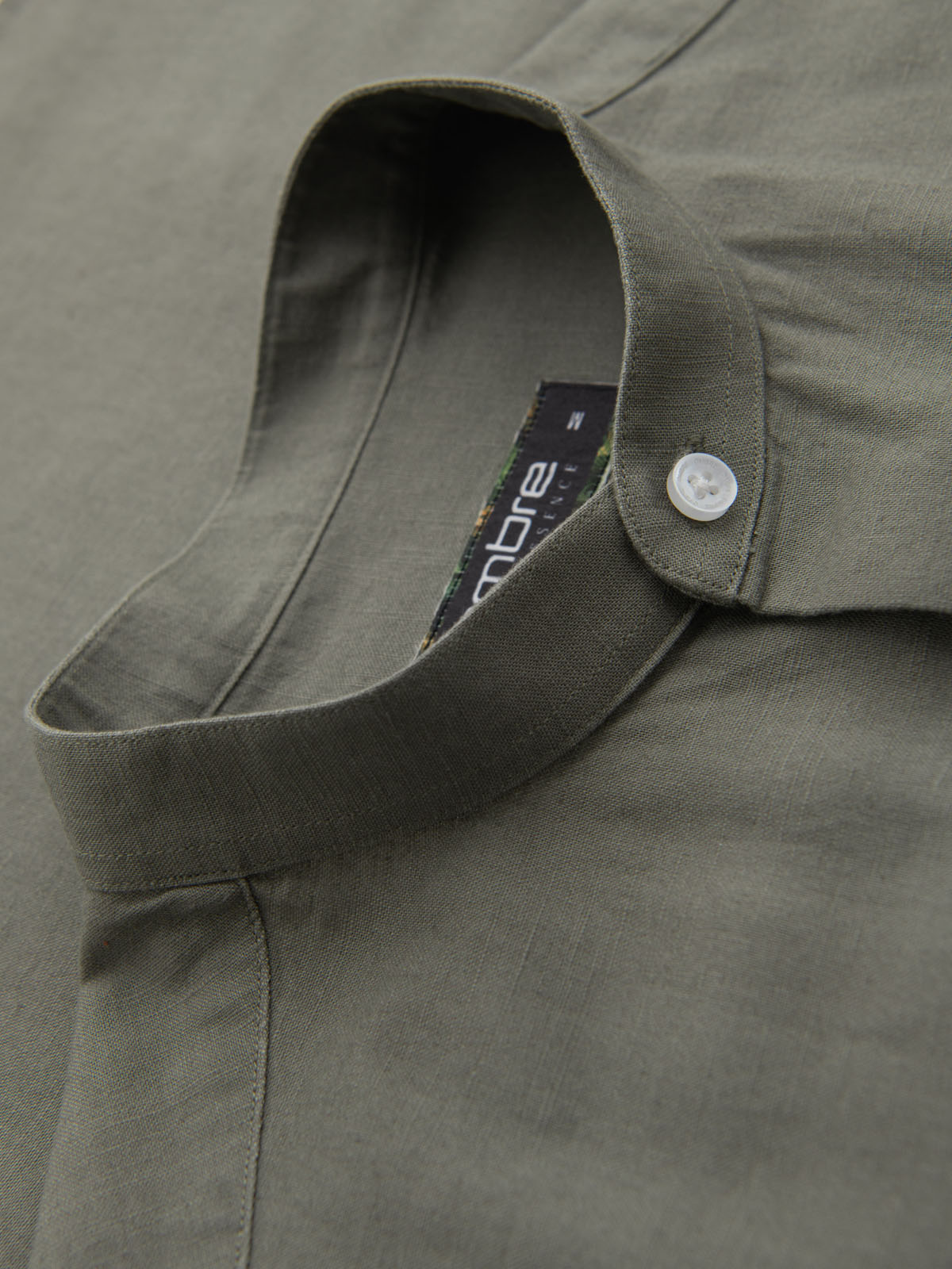 Ombre Men's linen shirt with stand-up collar and pocket REGULAR FIT - khaki