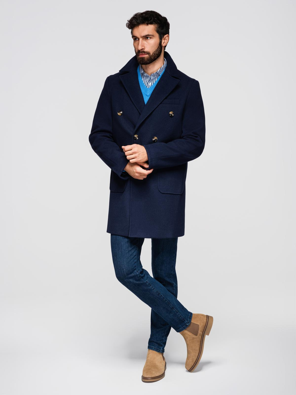 Ombre Men's double-breasted coat with decorative buttons - indigo