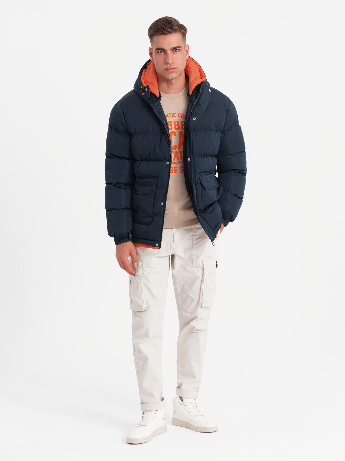 Ombre Warm men&#039;s sports jacket with double hood - navy blue