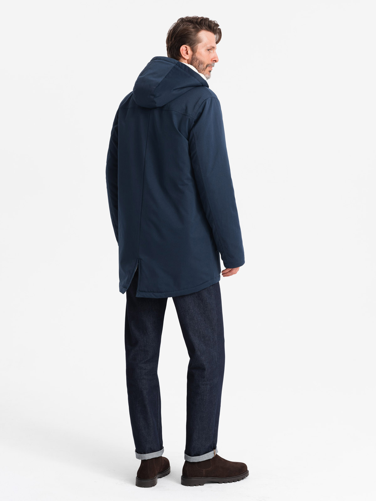 Ombre Men's long parka sherpa jacket – navy blue