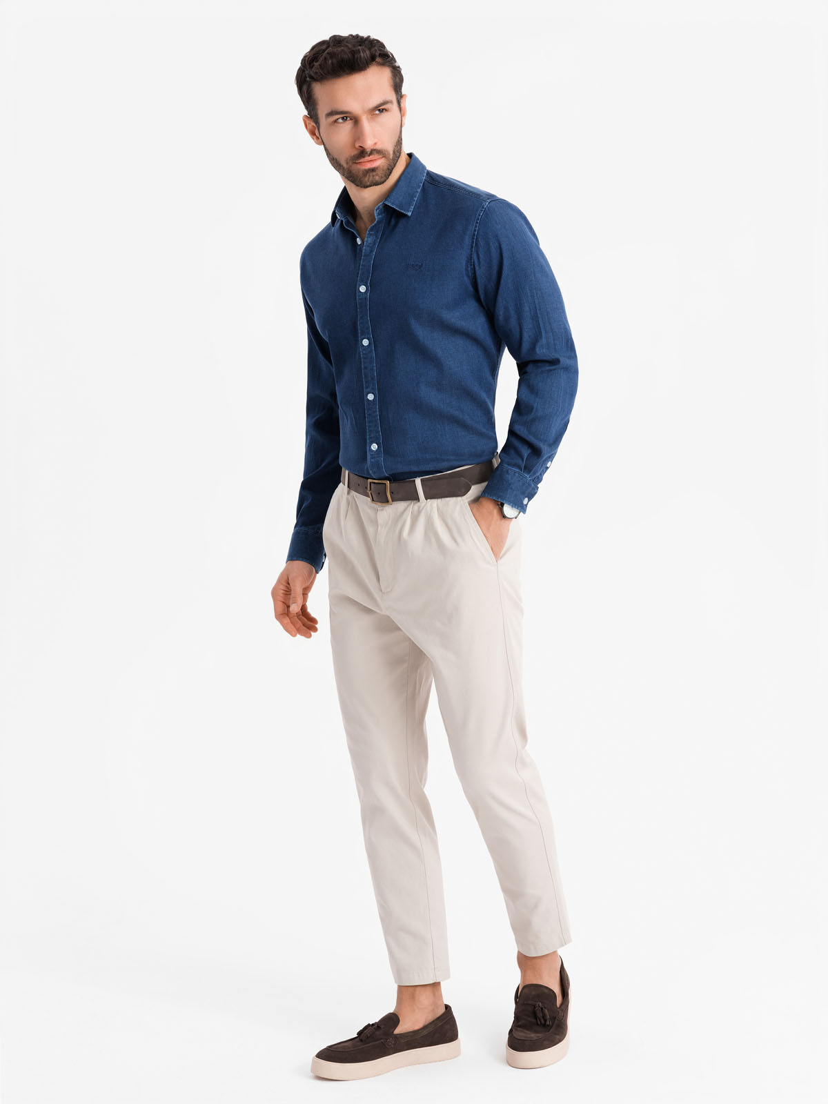 Ombre Men&#039;s denim shirt with lyocell and embroidery on chest - dark blue