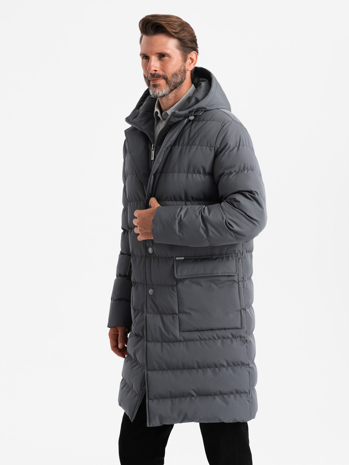 Ombre Men&#039;s long quilted jacket with lapels and lining - graphite