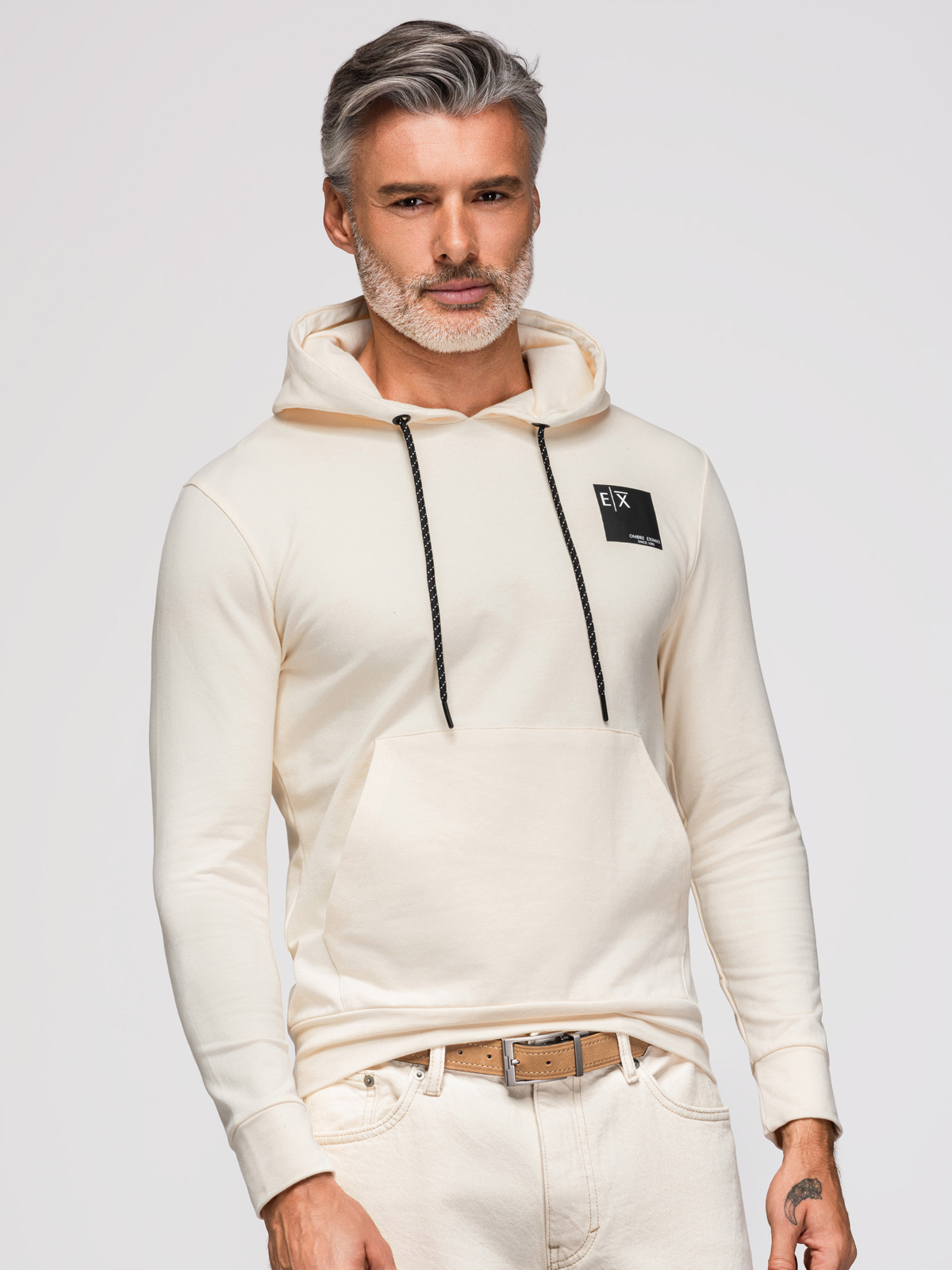 Ombre Men's kangaroo sweatshirt with hood and logo - cream
