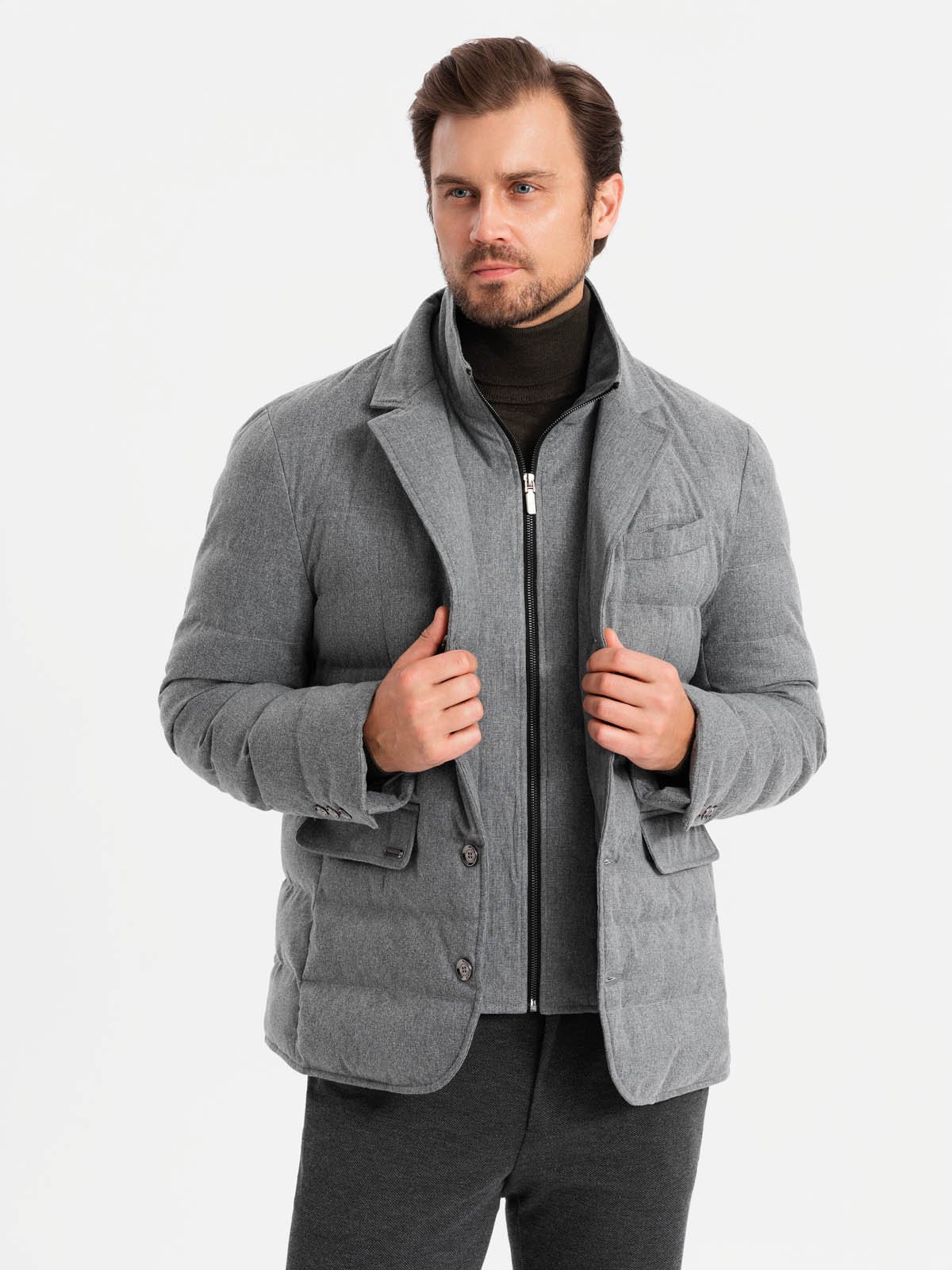 Ombre Men's jacket with a jacket cut with a fleece lining - gray