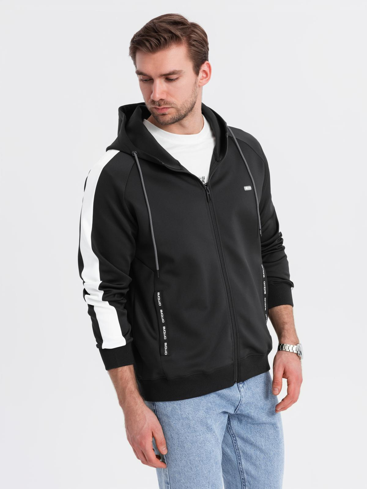 Ombre Men's unbuttoned hooded sweatshirt with piping - black