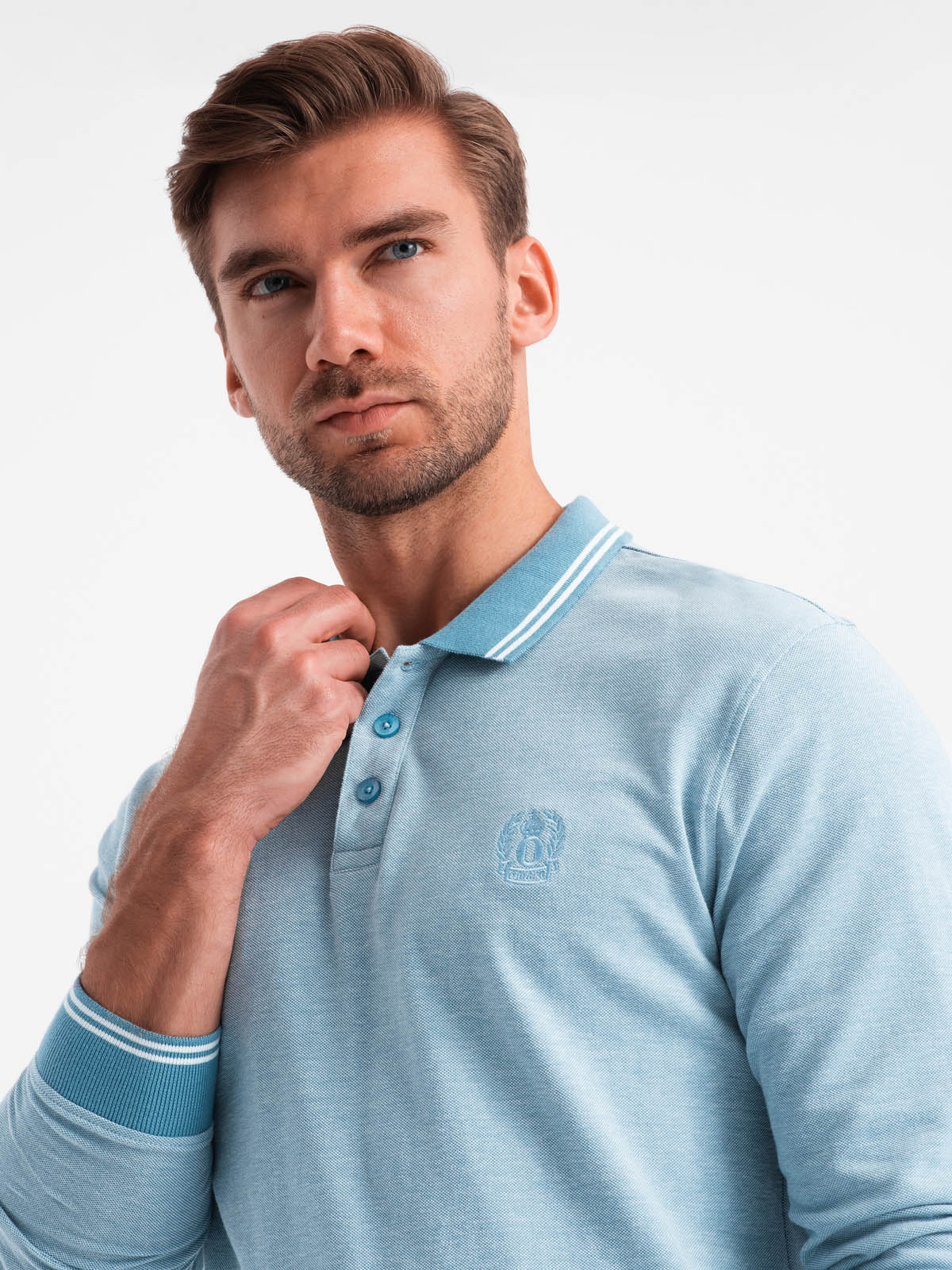 Ombre Men's melange polo longsleeve with embroidery - blue melange