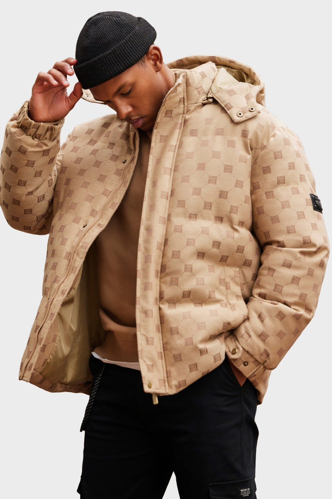 Ombre Men's jacquard patterned puffer jacket-brown