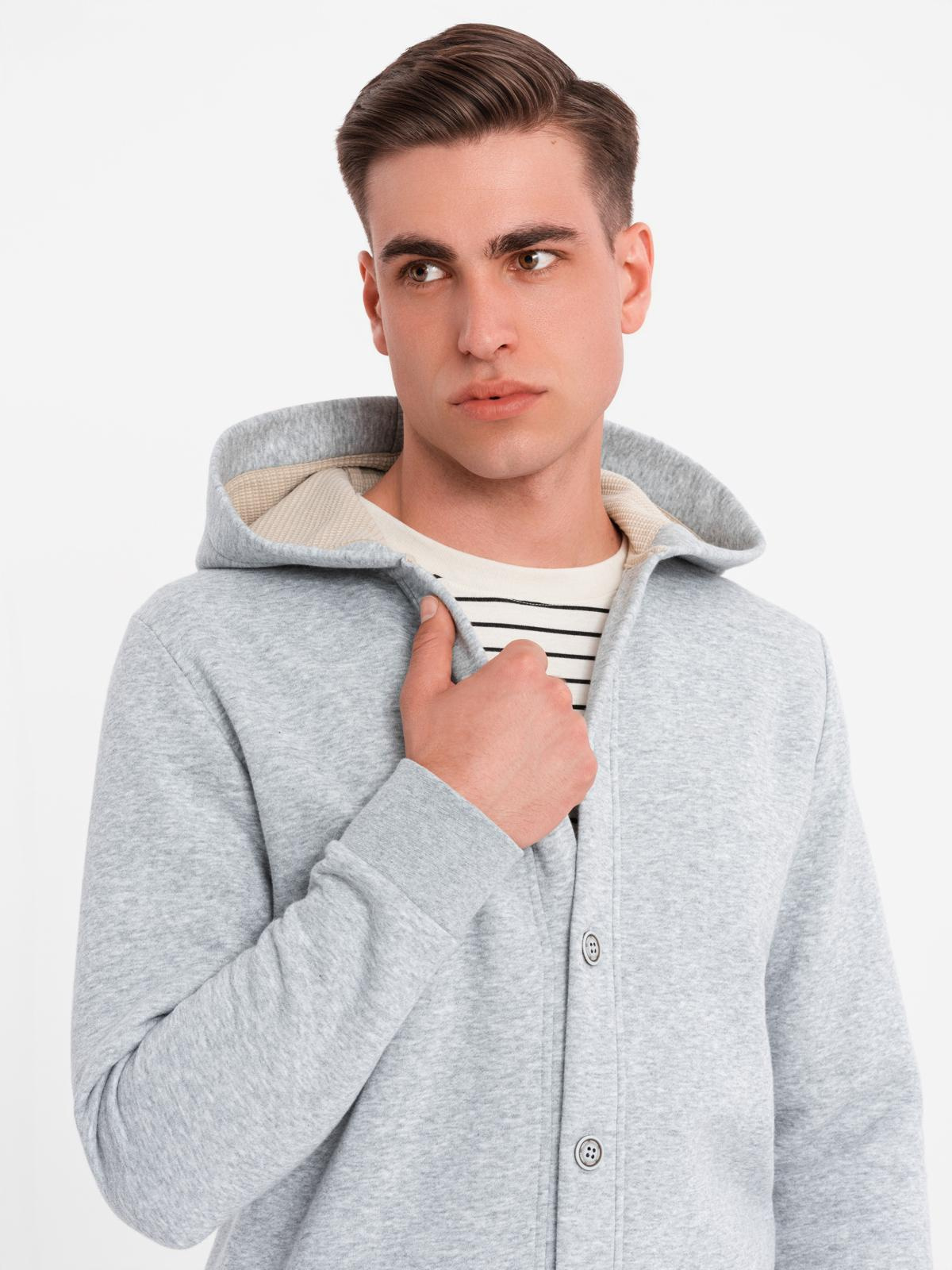 Ombre Men's button-down hooded sweatshirt - grey melange