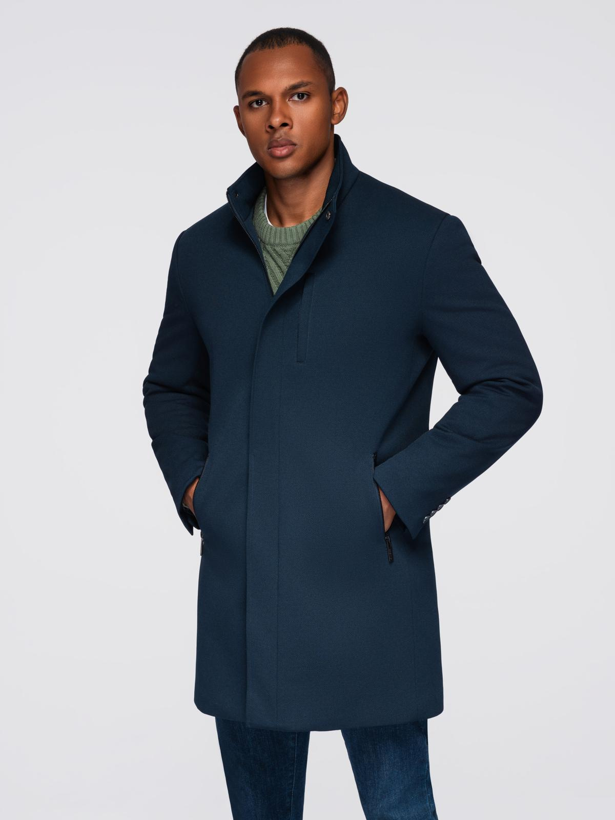 Ombre Men&#039;s tailored structured coat with high collar - navy blue