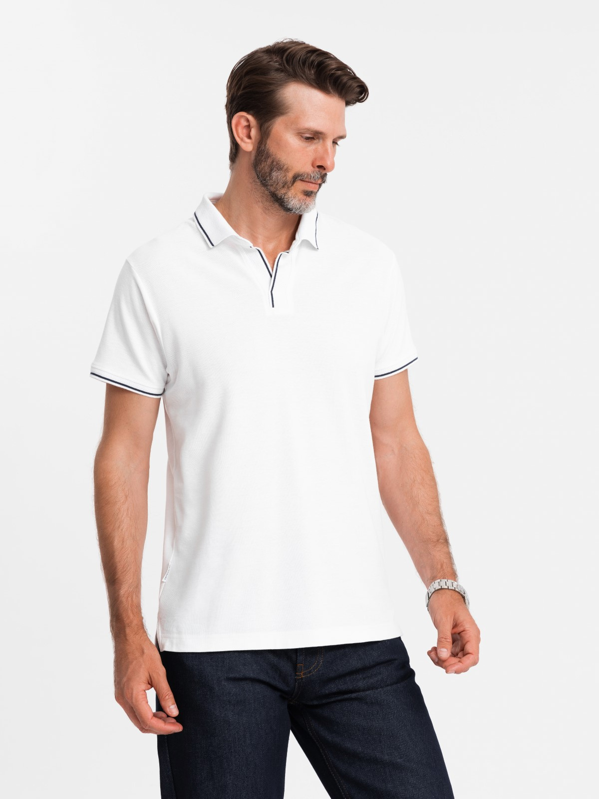 Ombre Men's pique knit polo shirt without buttons - white