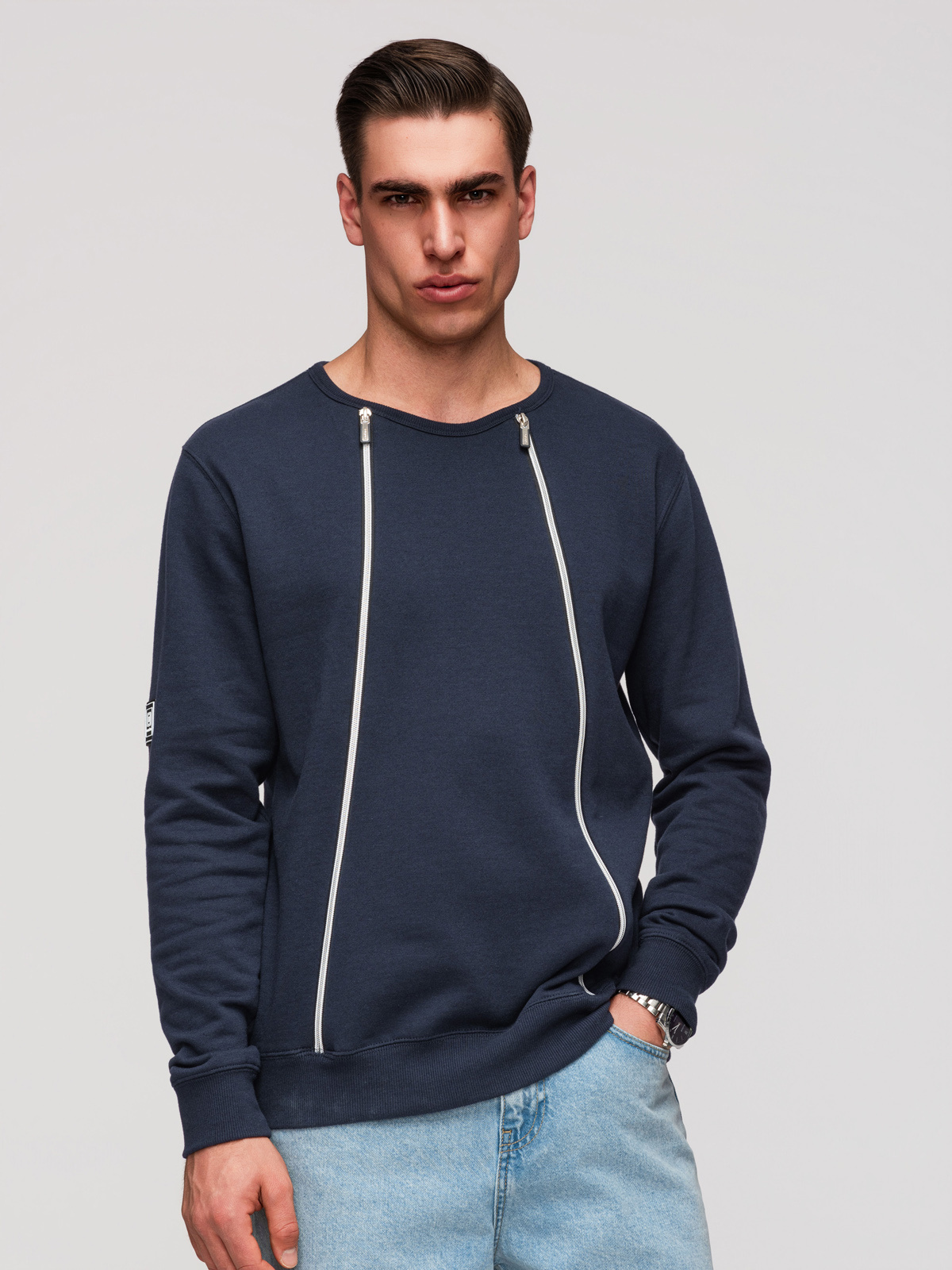 Ombre Men's sweatshirt with decorative zips on the front - navy blue