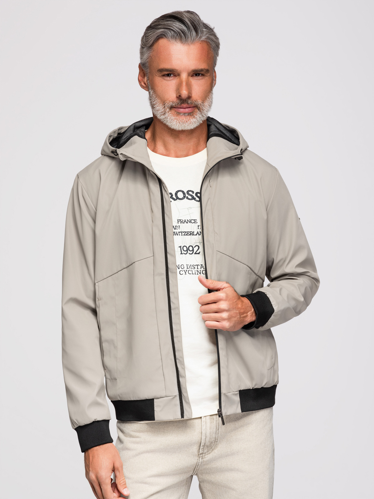 Ombre Men's lightweight jacket with mesh lining and hood - grey