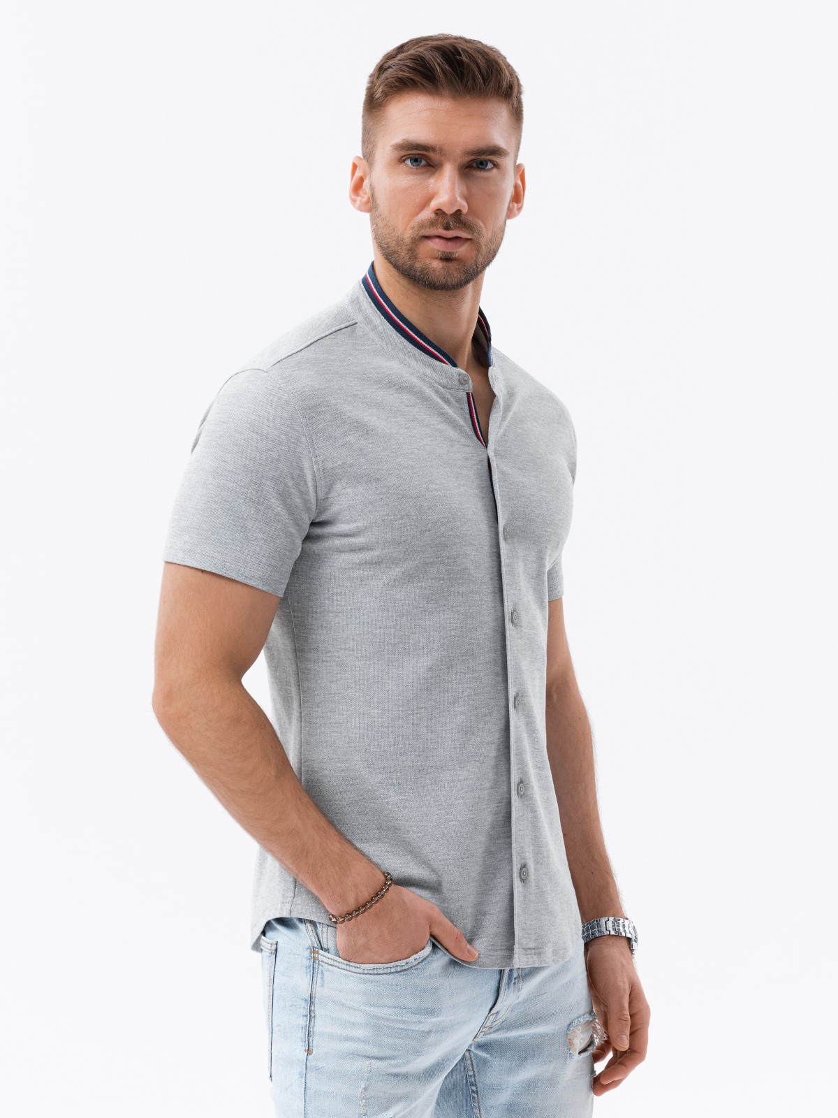 Ombre Men's knitted shirt with short sleeves and collared collar - grey