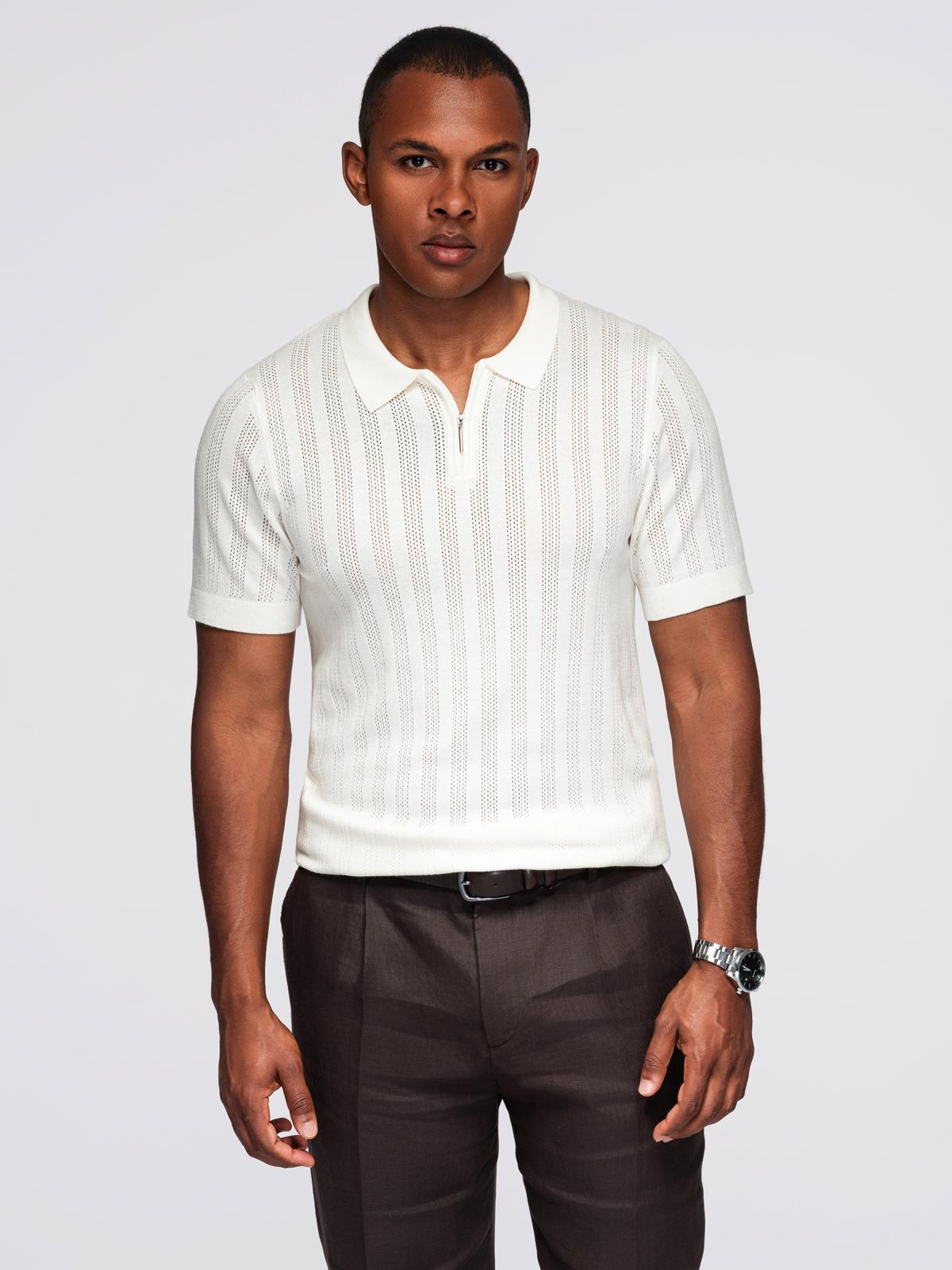 Ombre Men's openwork polo shirt with zipper at neckline - white