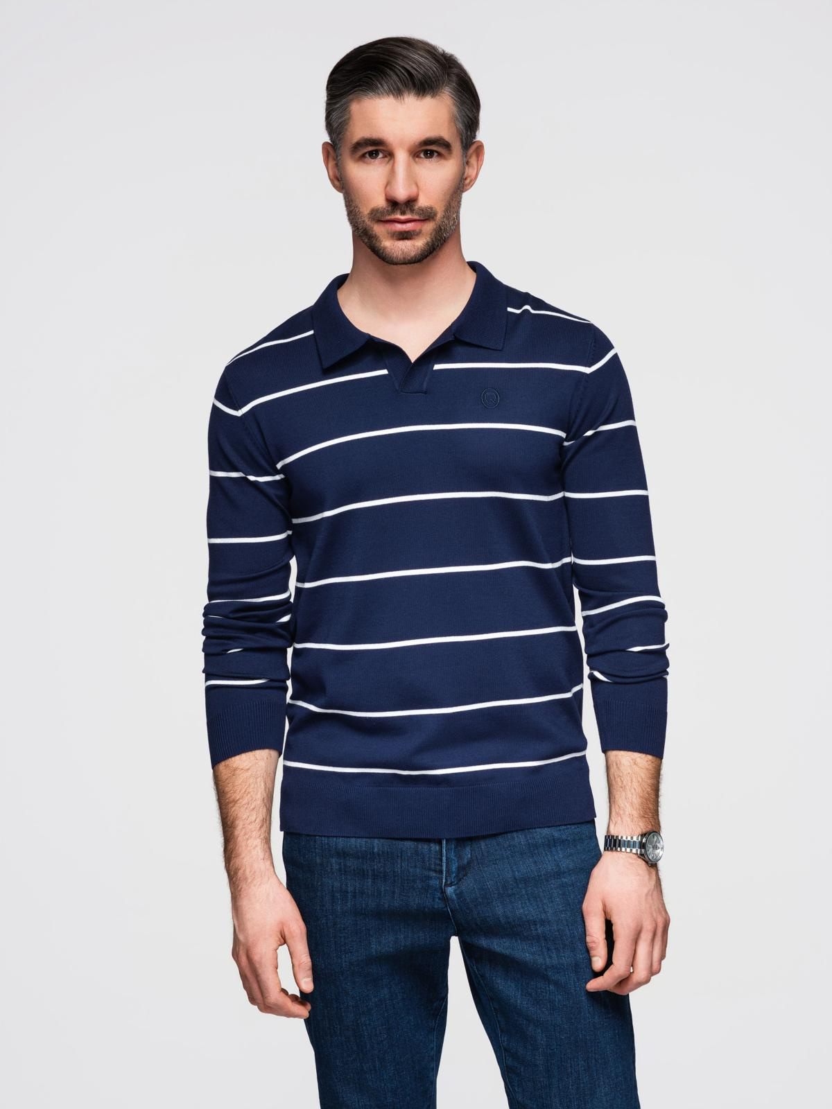 Ombre Men's horizontal striped polo longsleeve with viscose - navy blue and white