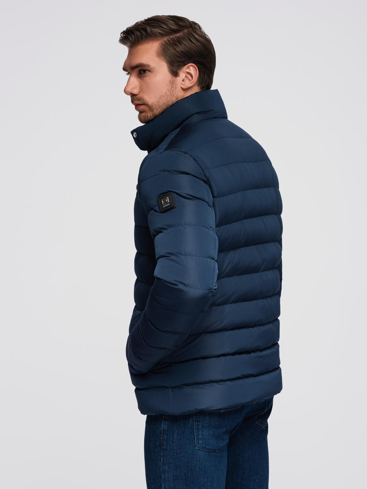 Ombre Men&#039;s quilted jacket with stand-up collar and chest zips - navy blue