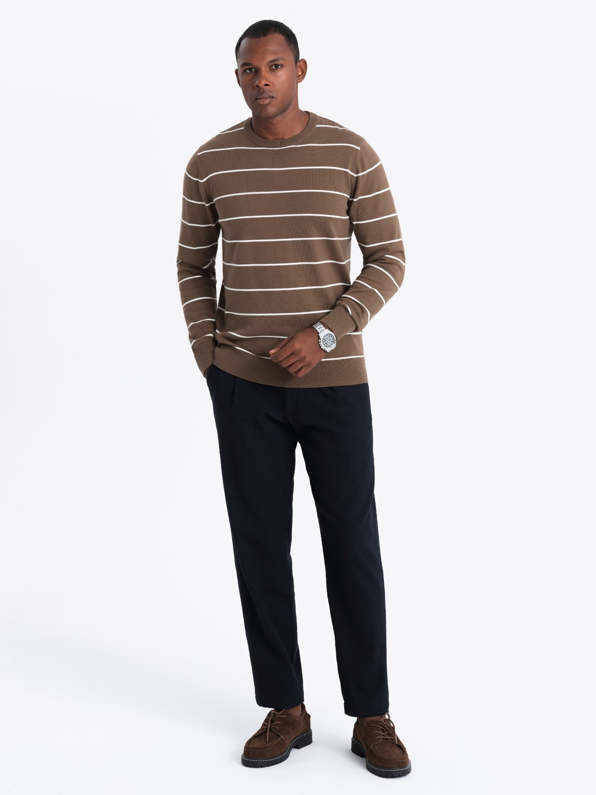 Ombre Men&#039;s casual sweater with horizontal stripes - brown