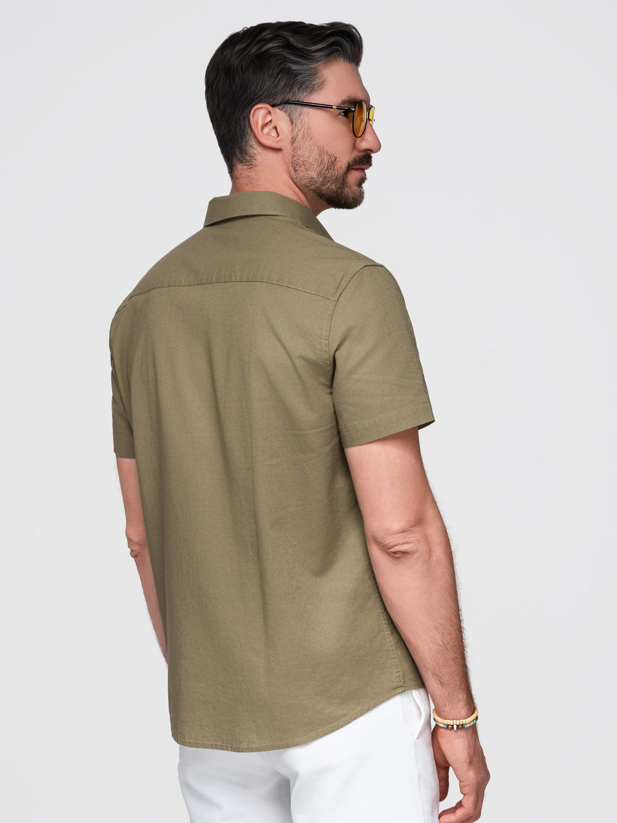 Ombre Men's short sleeve cotton and linen shirt with pocket - olive