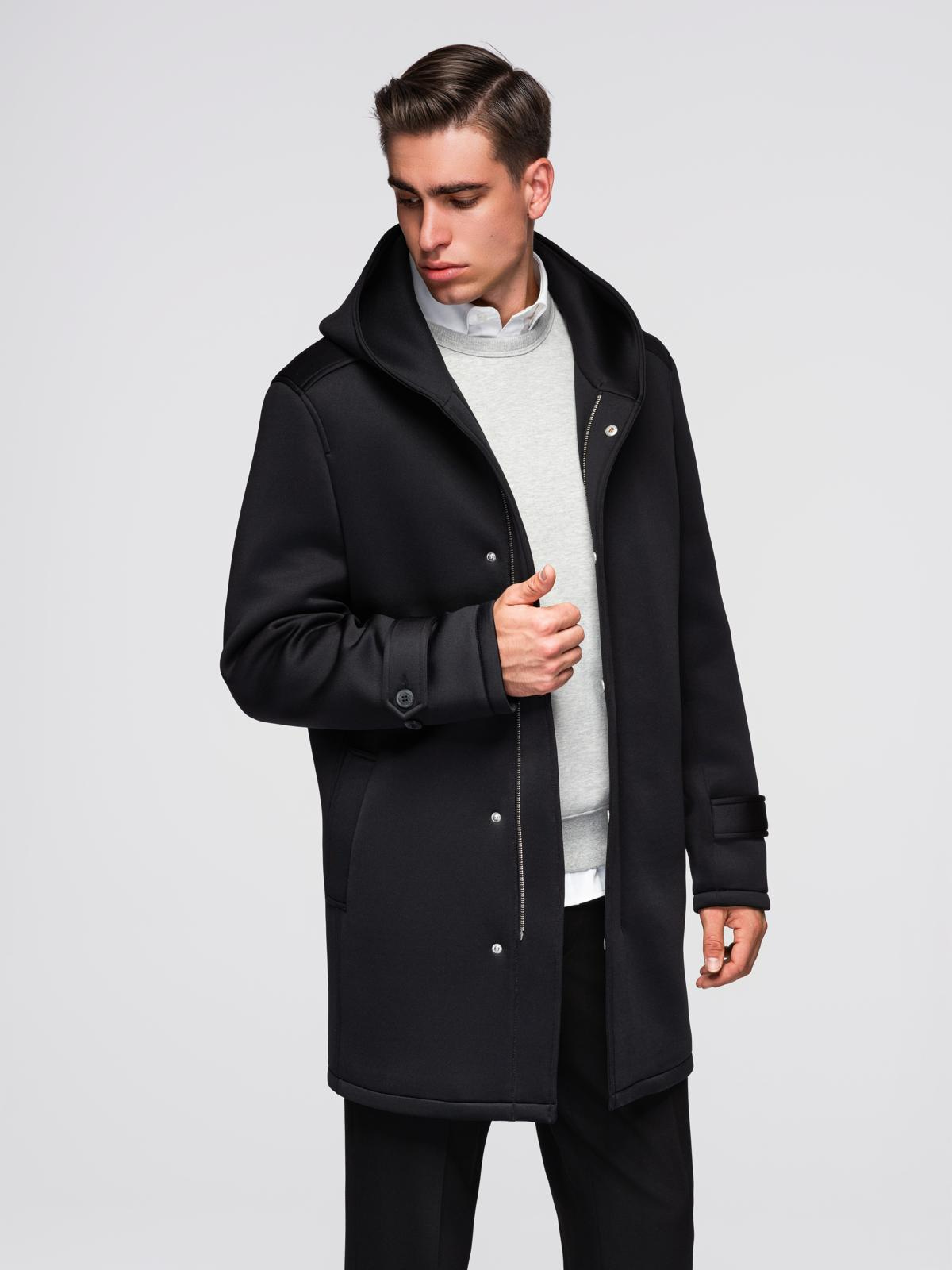 Ombre Men&#039;s minimalist medium length coat with hood - black