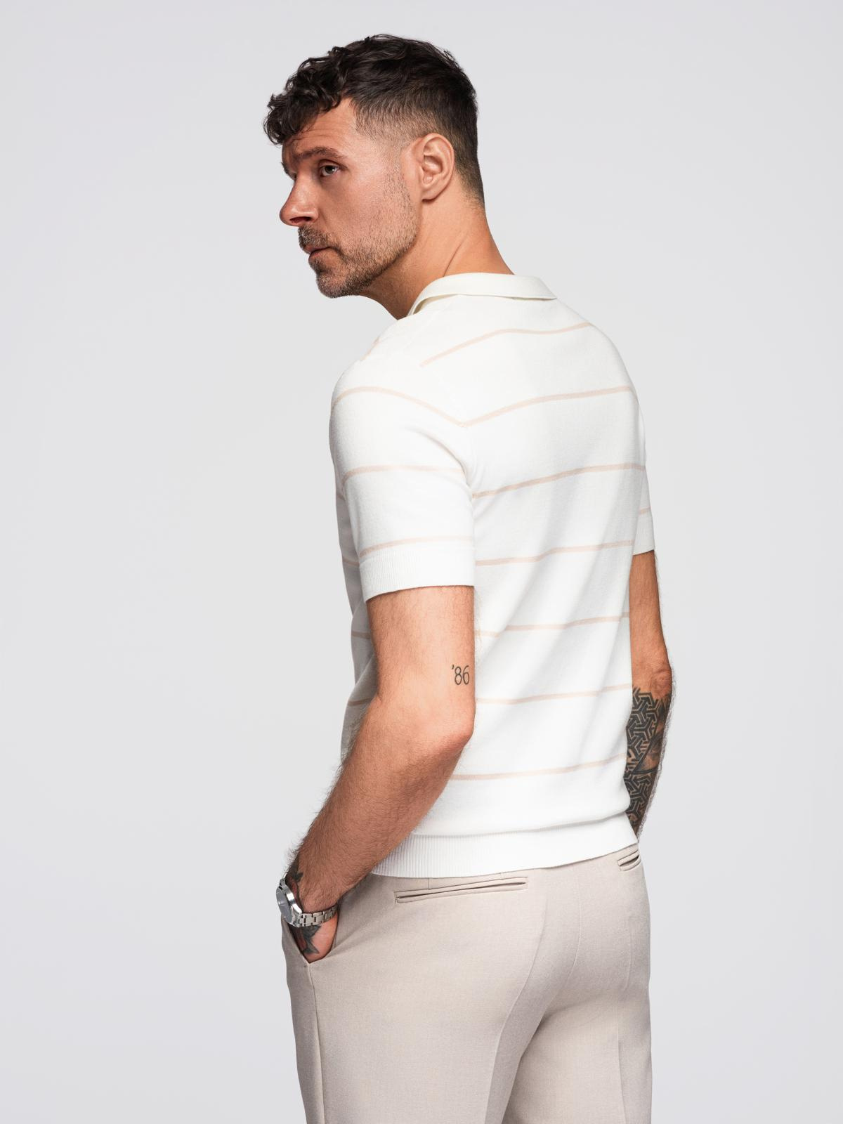 Ombre Men's horizontal striped viscose polo shirt - white and beige