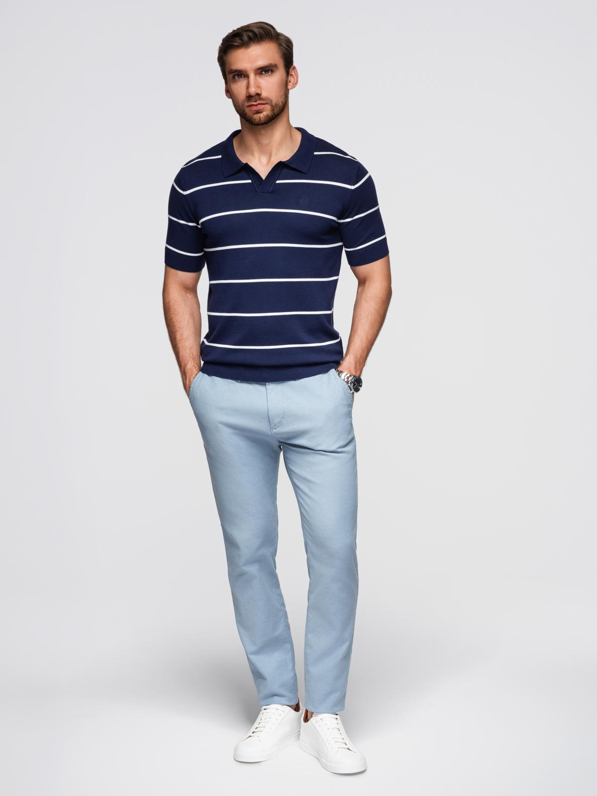 Ombre Men's horizontal striped polo shirt with viscose - navy blue and white