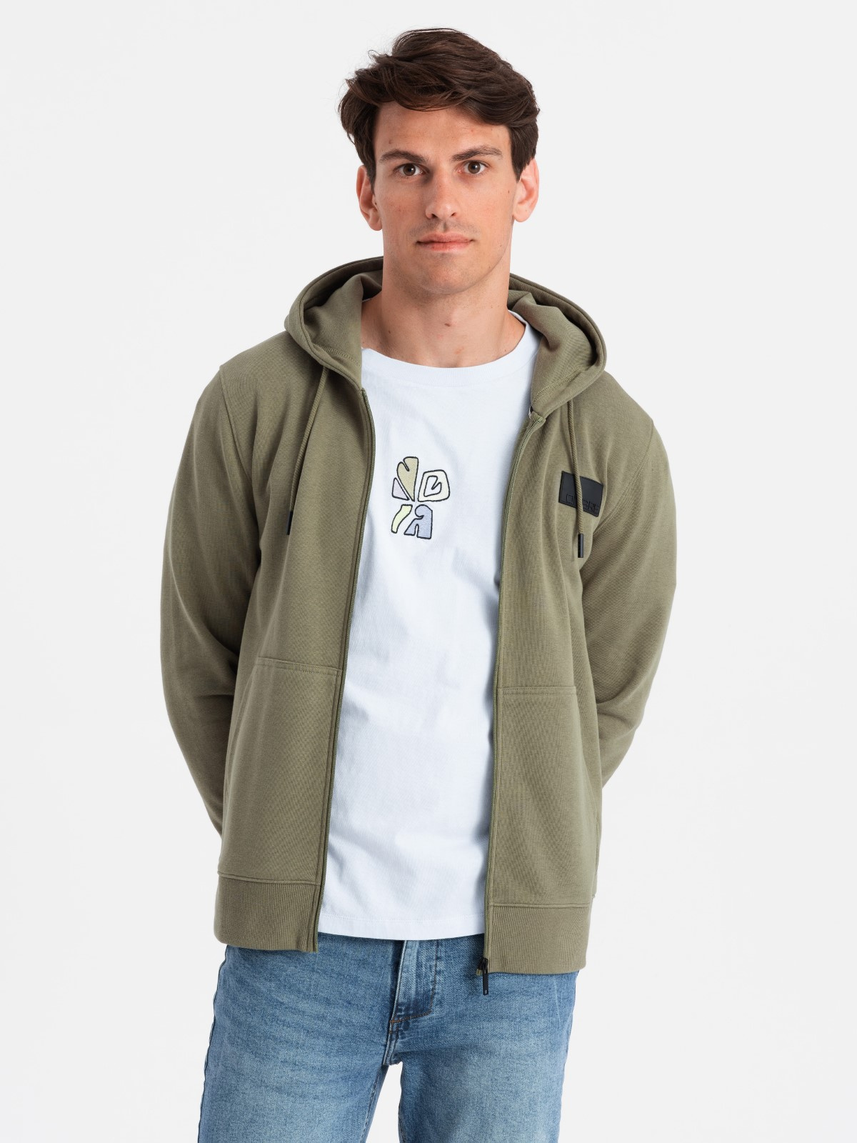 Ombre Unzipped men&#039;s sweatshirt with hood and patch - olive