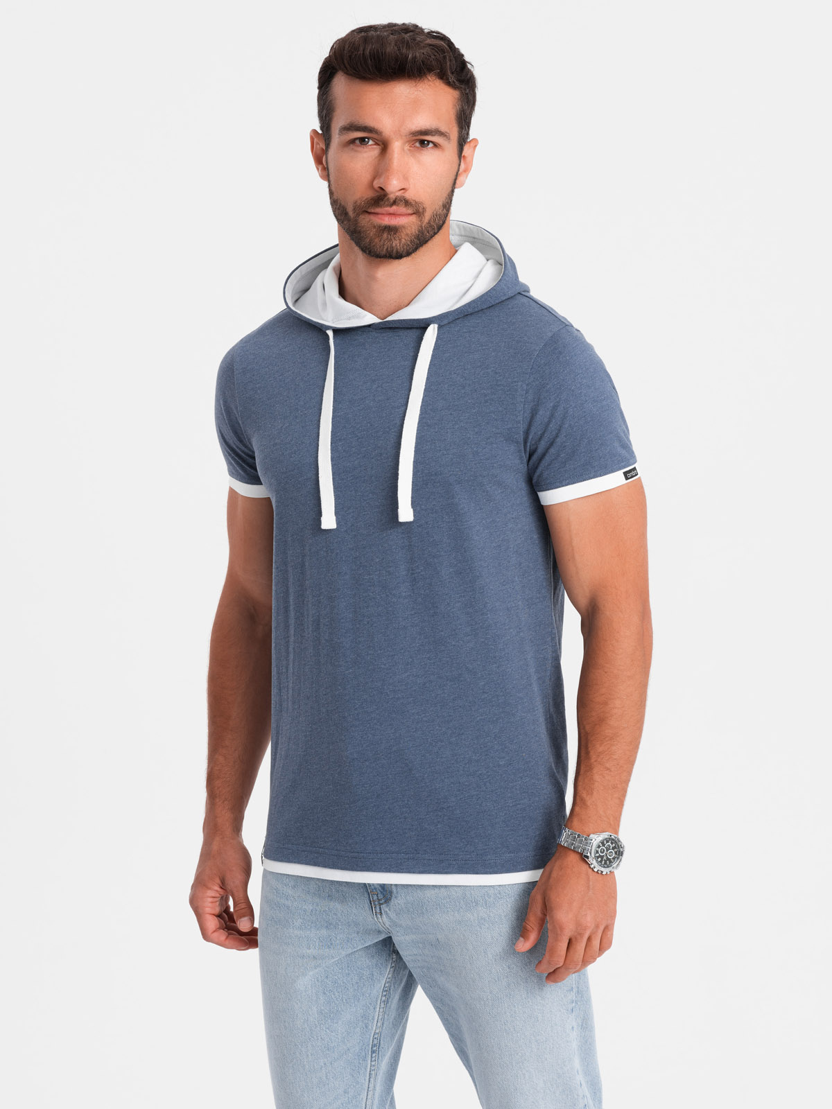 Ombre Casual men's cotton t-shirt with hood - dark blue melange