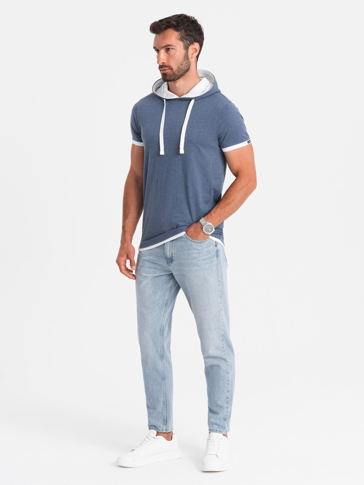 Ombre Casual men's cotton t-shirt with hood - dark blue melange
