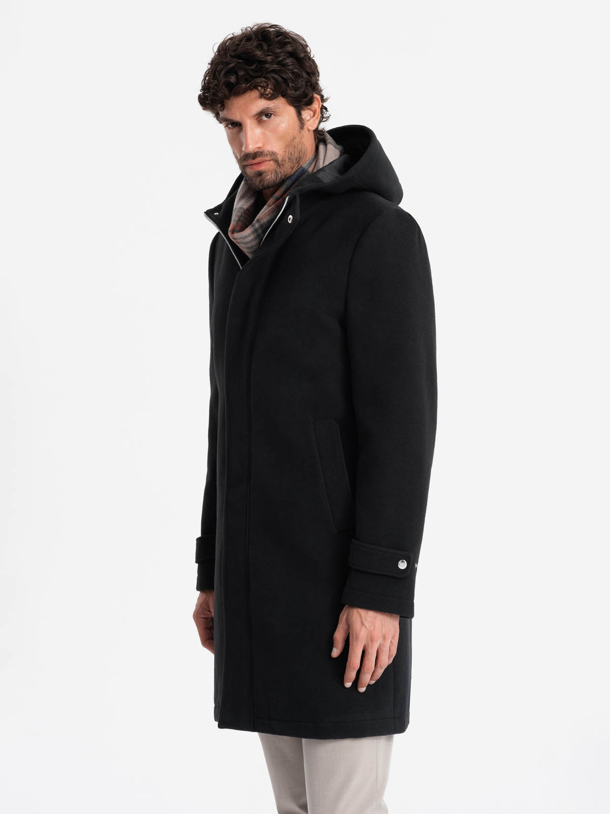 Ombre Men's Long Monochrome Hooded Coat - Black