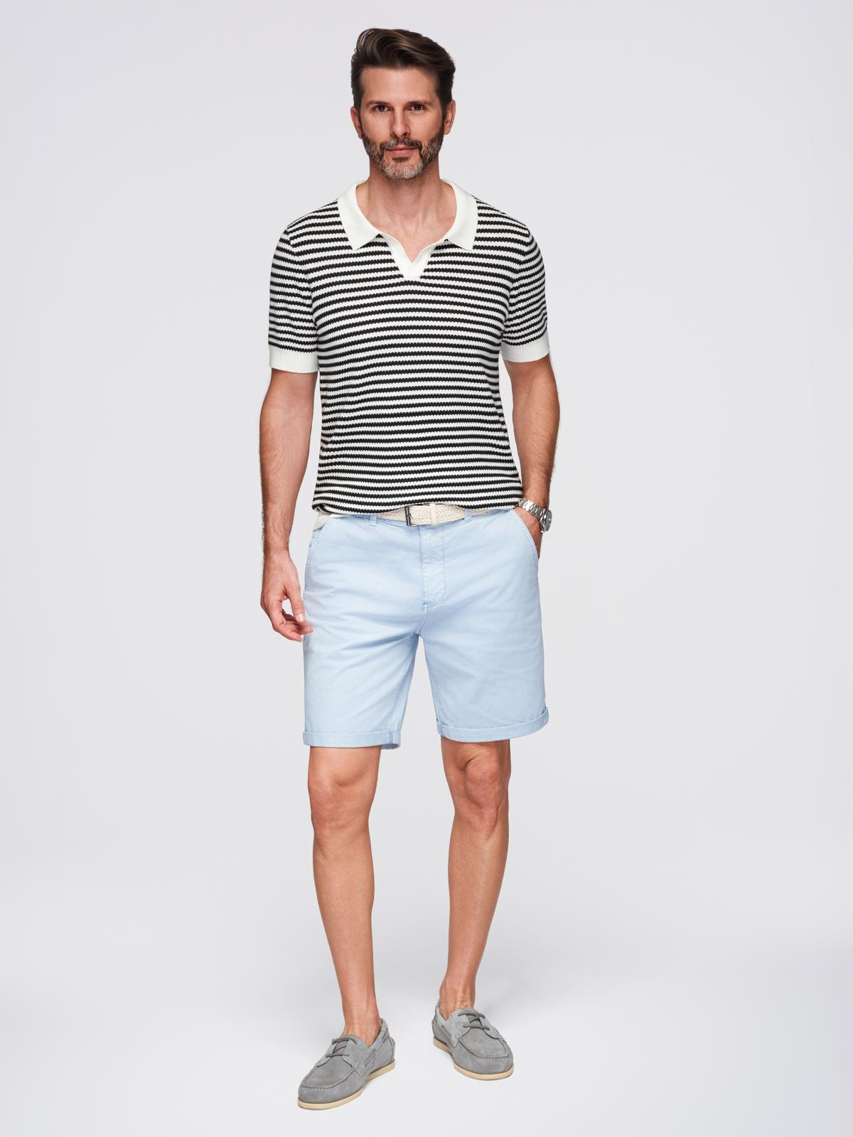 Ombre Men's knitted buttonless polo shirt with navy stripes - black and white