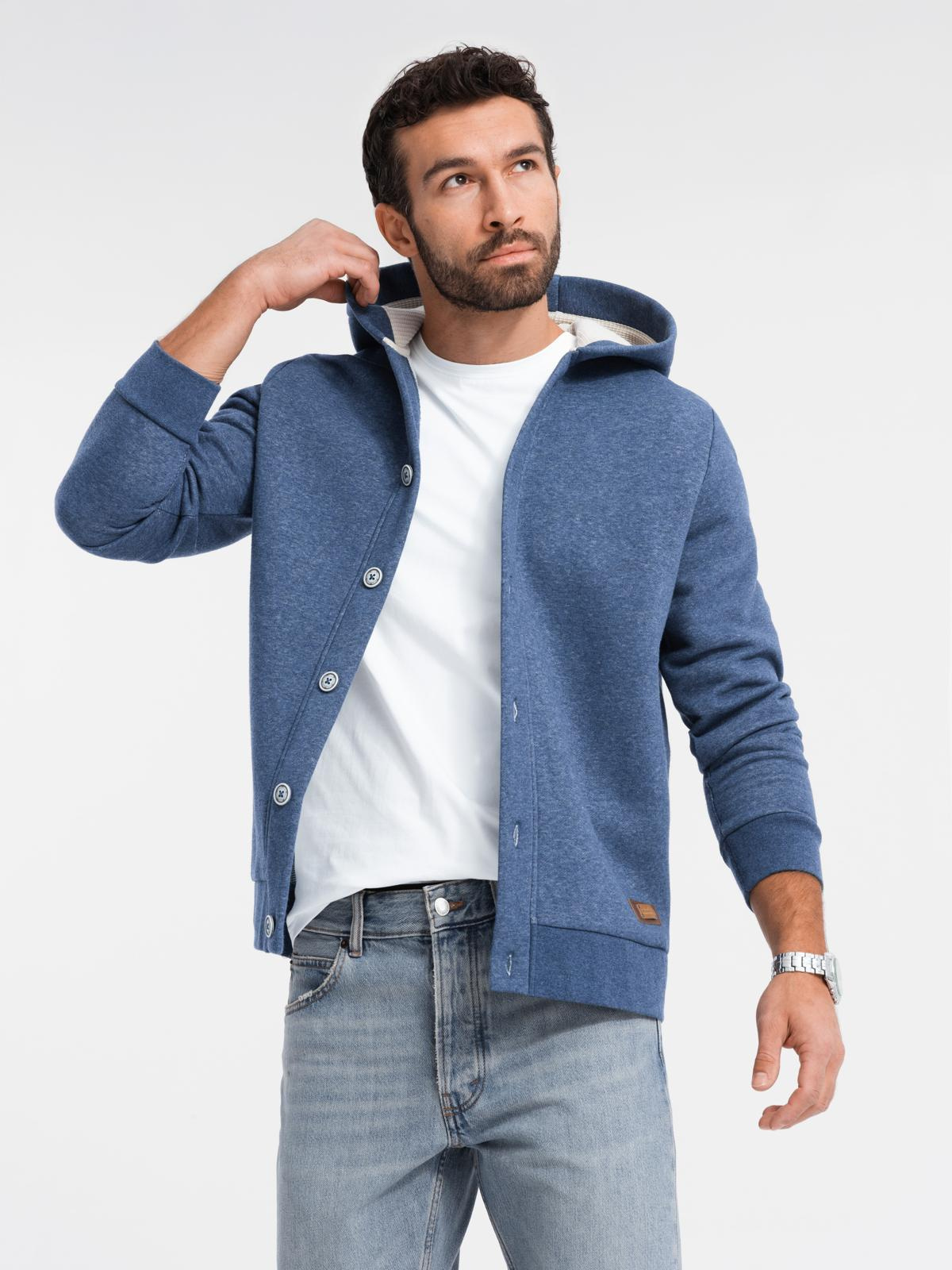 Ombre Men&#039;s button-down hooded sweatshirt - navy blue melange