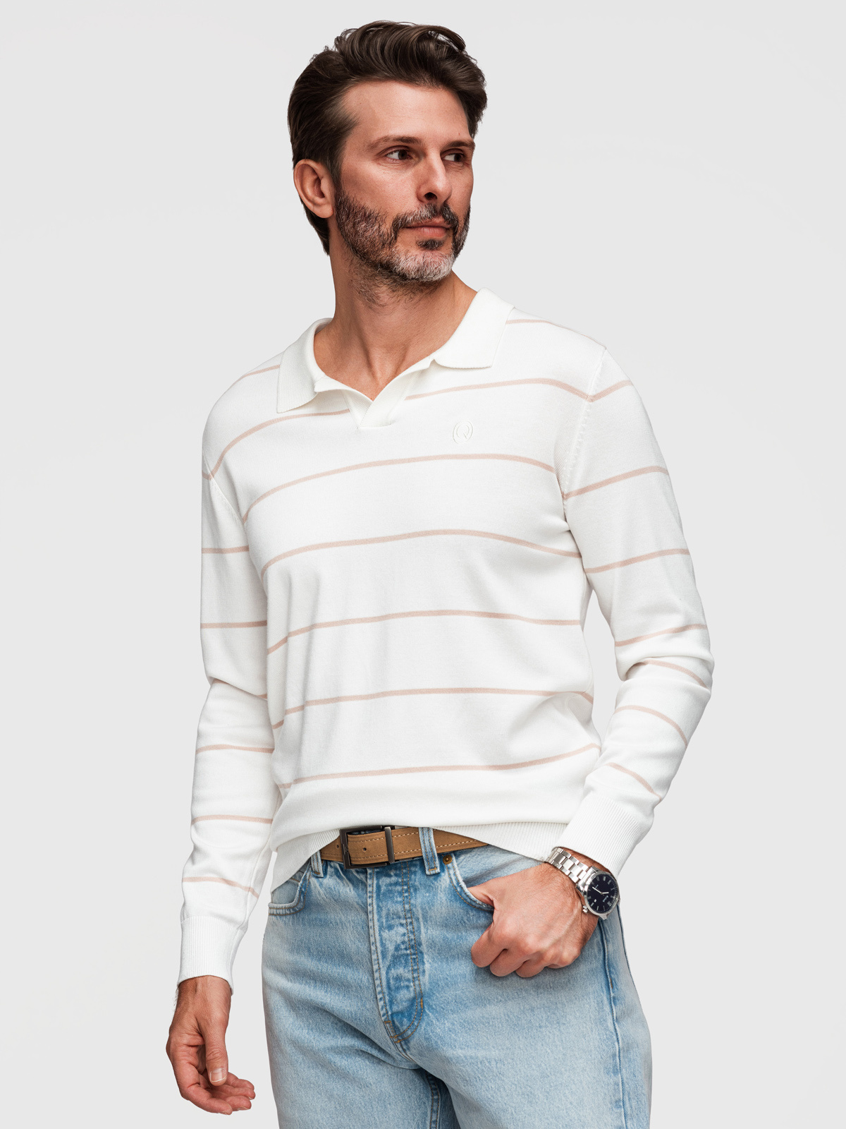 Ombre Men's horizontal striped polo longsleeve with viscose - white and beige