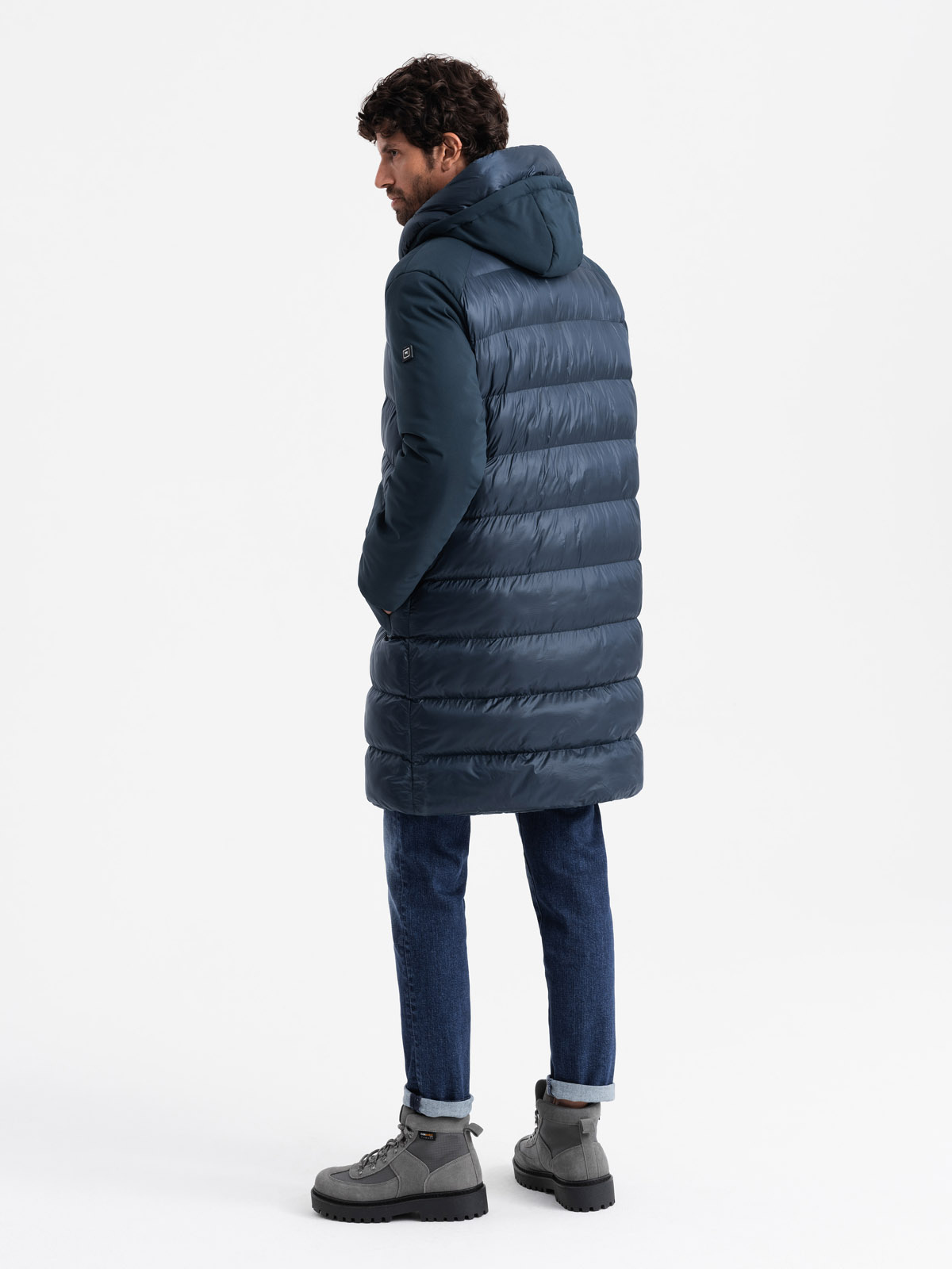 Ombre Men&#039;s quilted long jacket with large pockets - navy blue